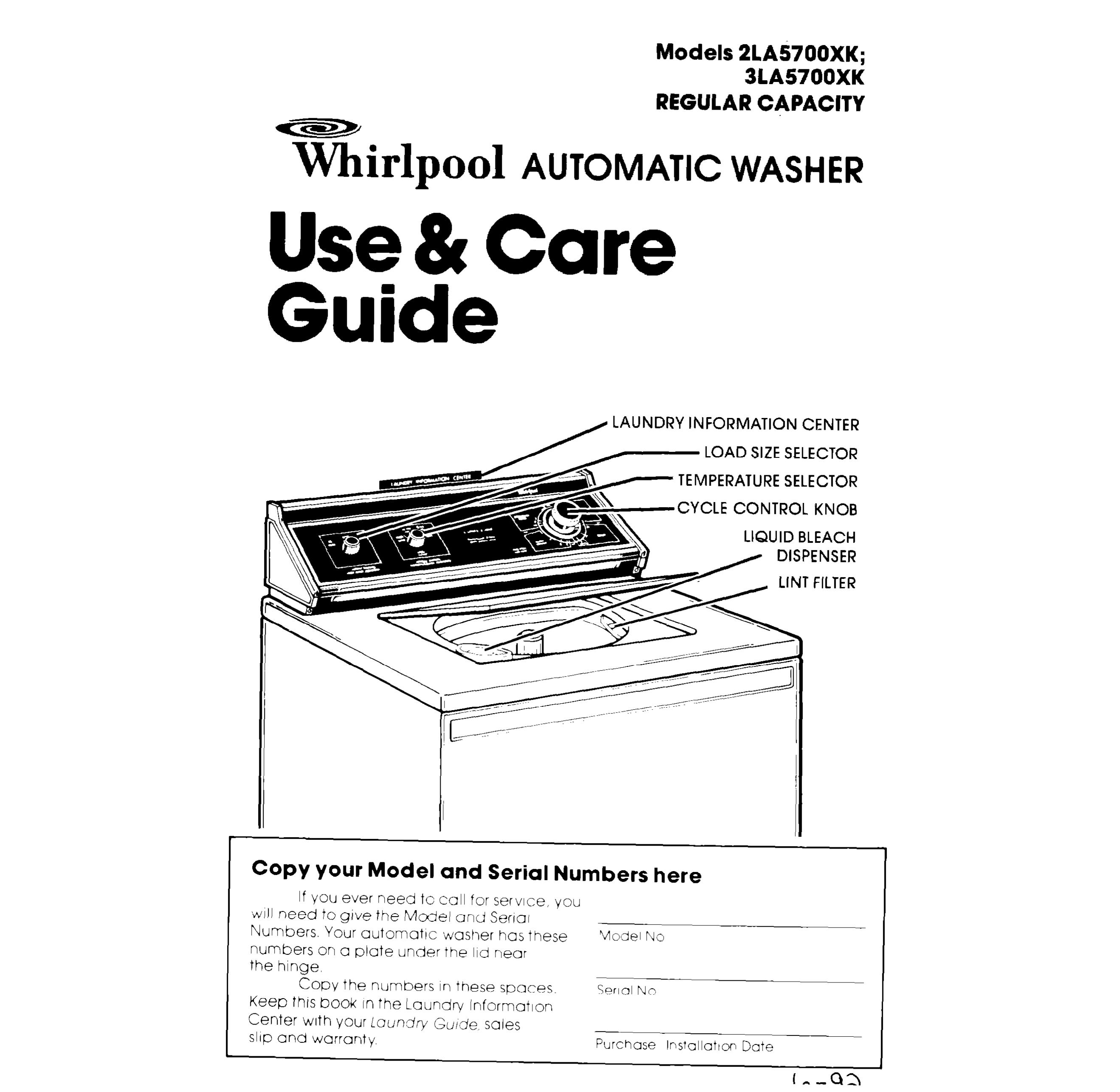 Whirlpool 3lA5700XK Washer User Manual