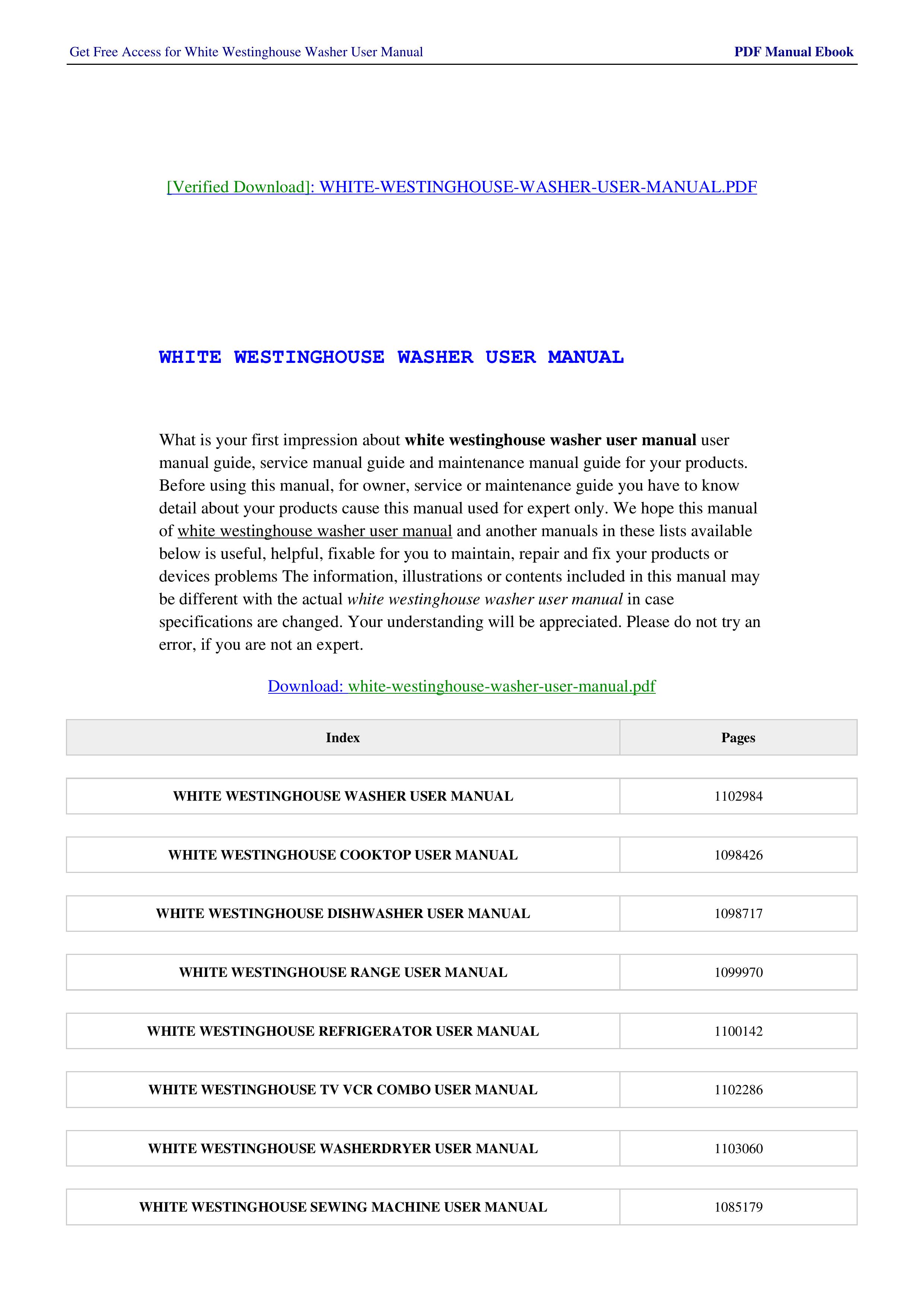 White-Westinghouse 1102984 Washer User Manual