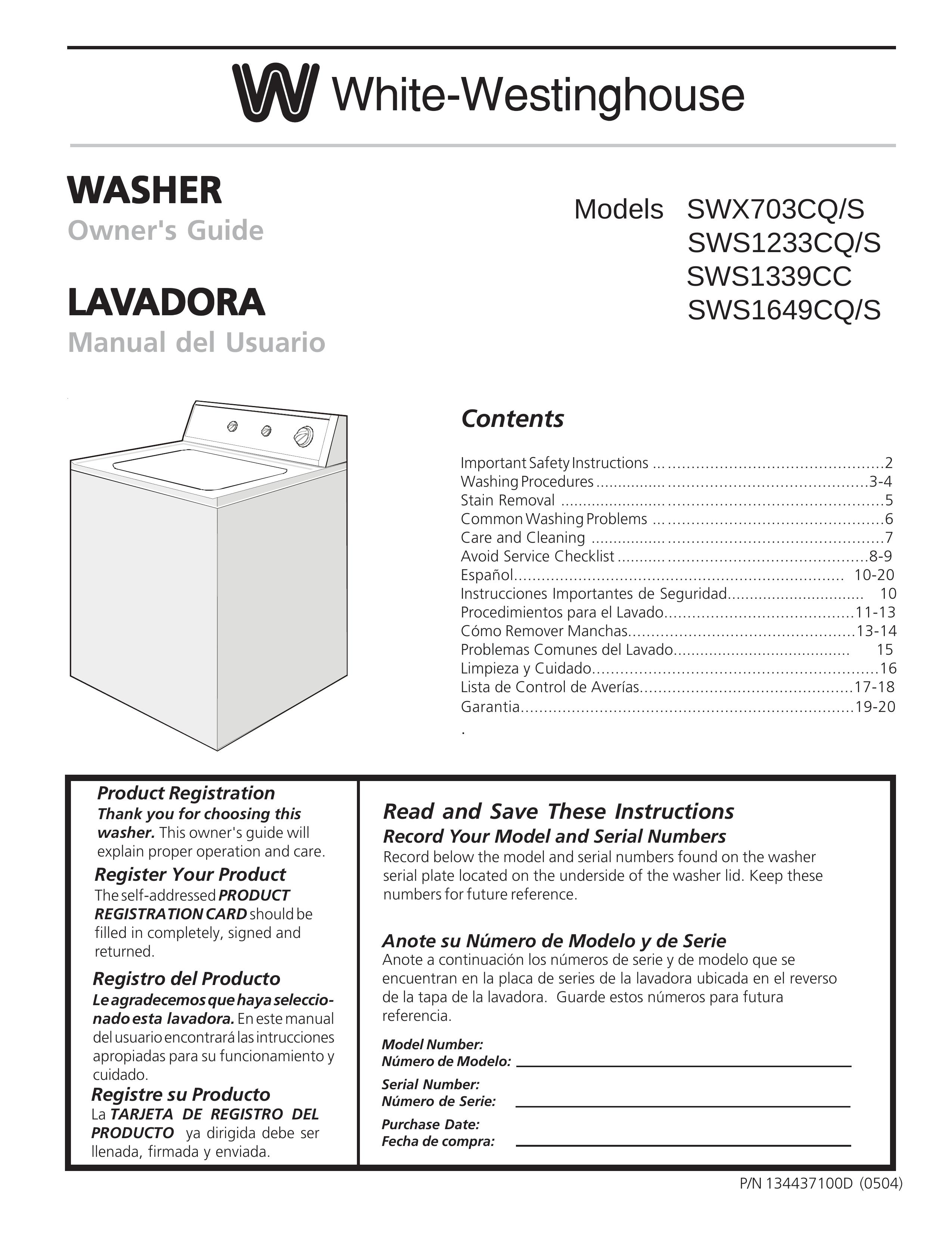 White-Westinghouse SWS1233CQ/S Washer User Manual