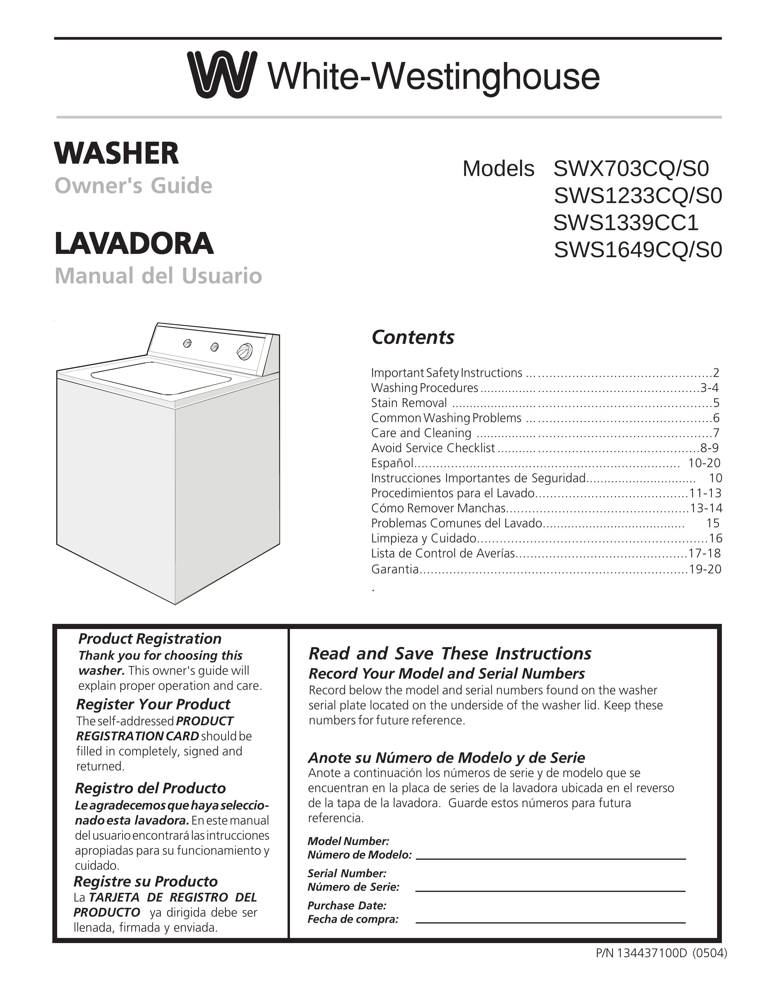 White-Westinghouse SWS1233CQ/S0 Washer User Manual