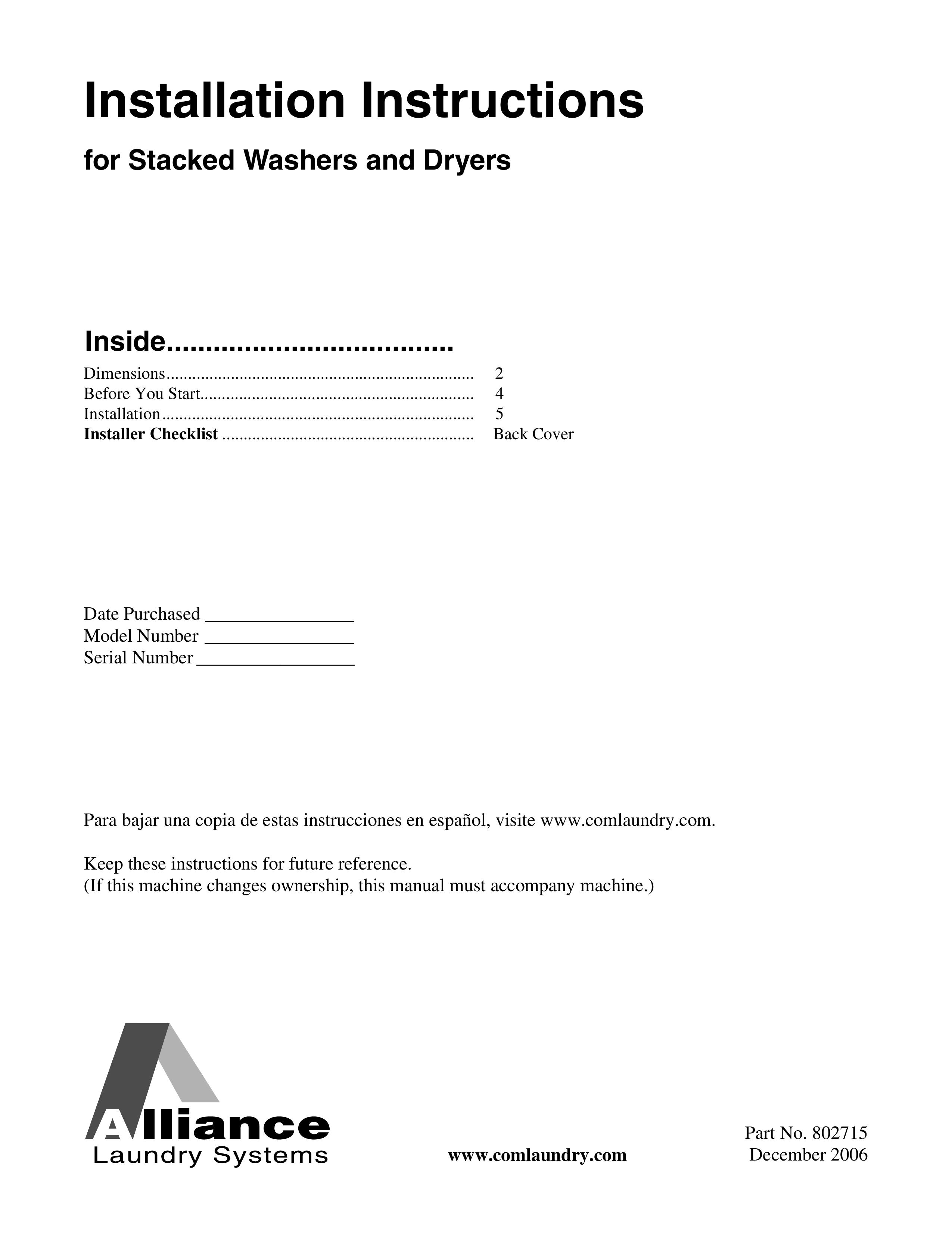 Alliance Laundry Systems 802715 Washer Accessories User Manual