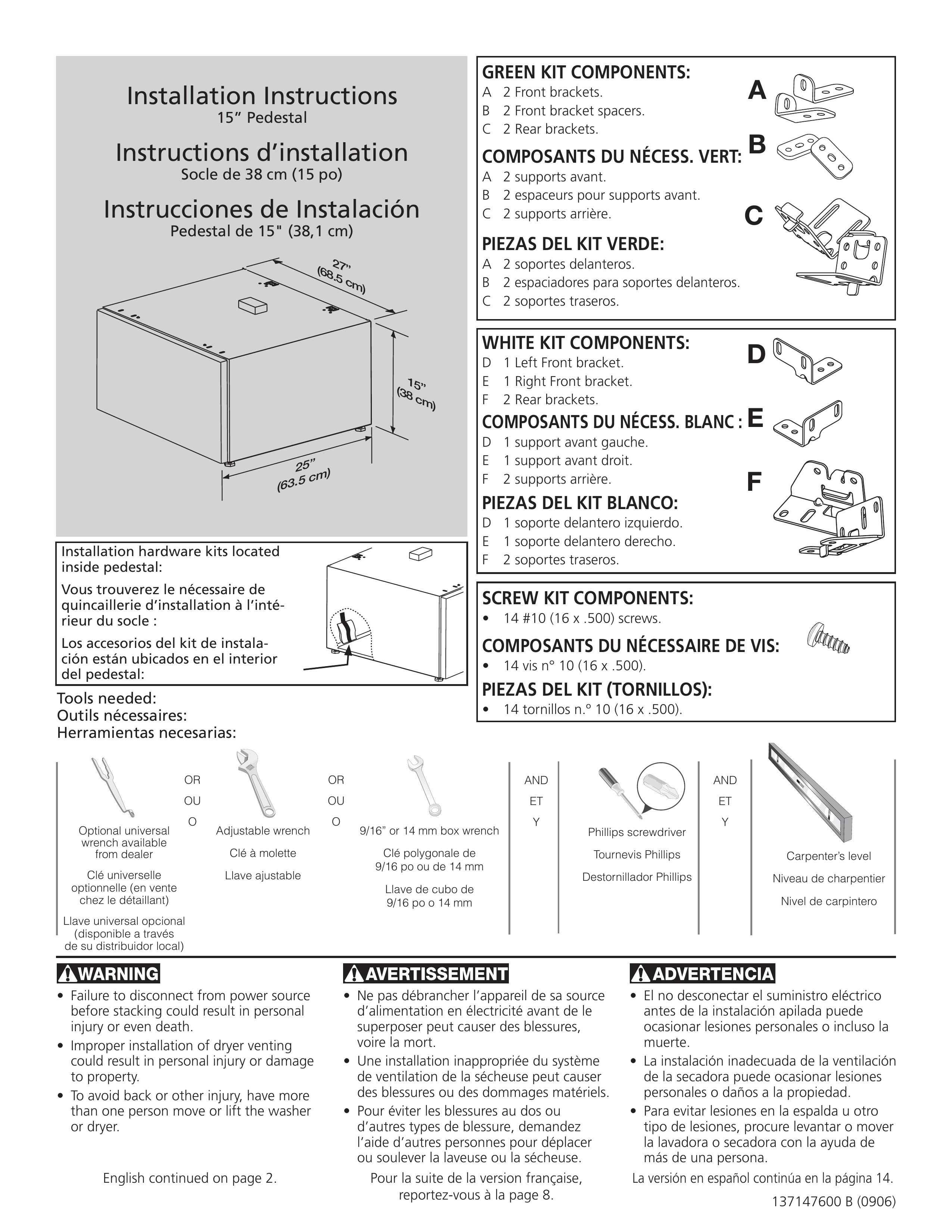 Frigidaire 137147600 B (0906) Washer Accessories User Manual