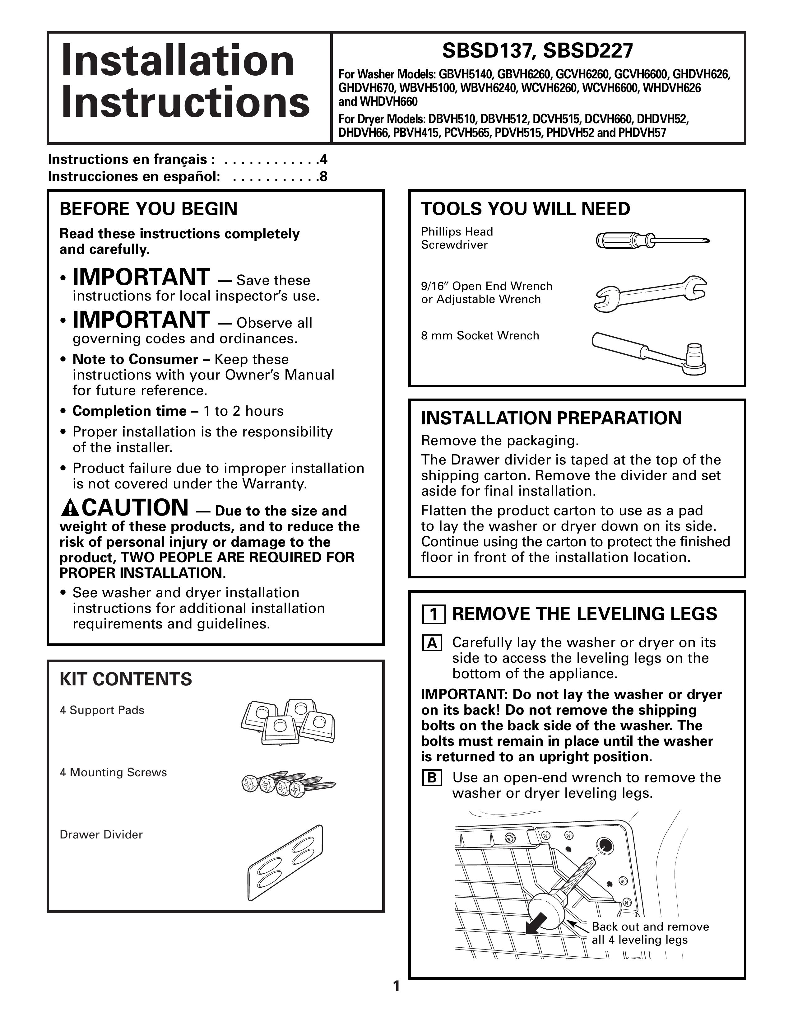 GE SBSD227 Washer Accessories User Manual