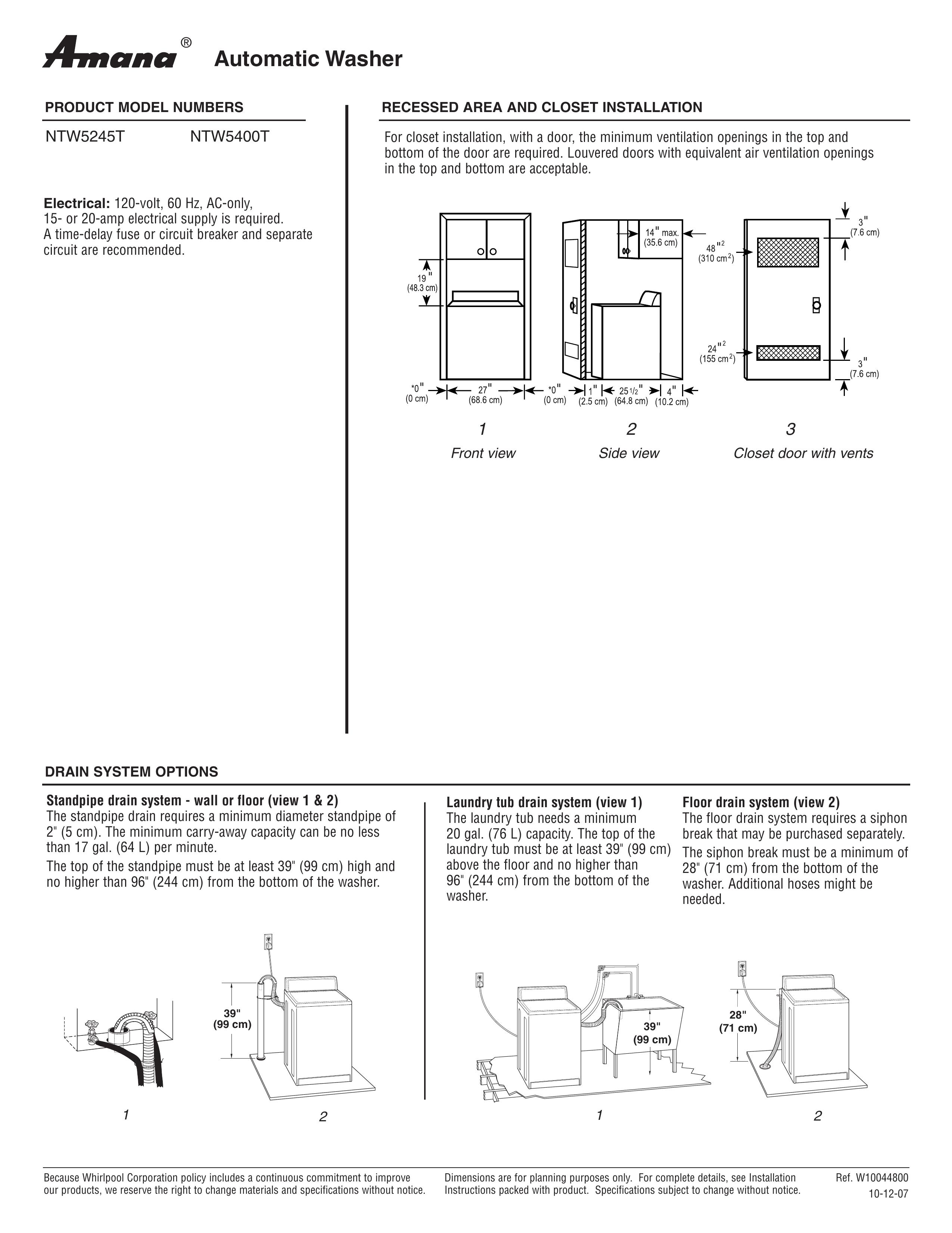 Amana NTW5245T Washer/Dryer User Manual