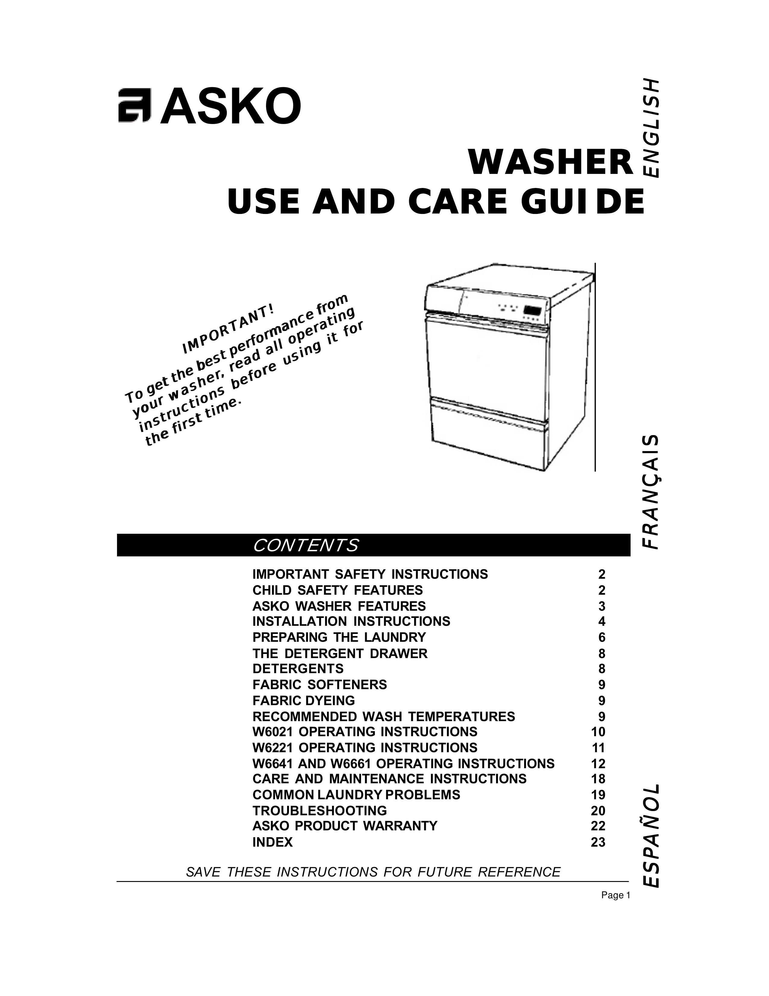 Asko W6641 W661 Washer/Dryer User Manual
