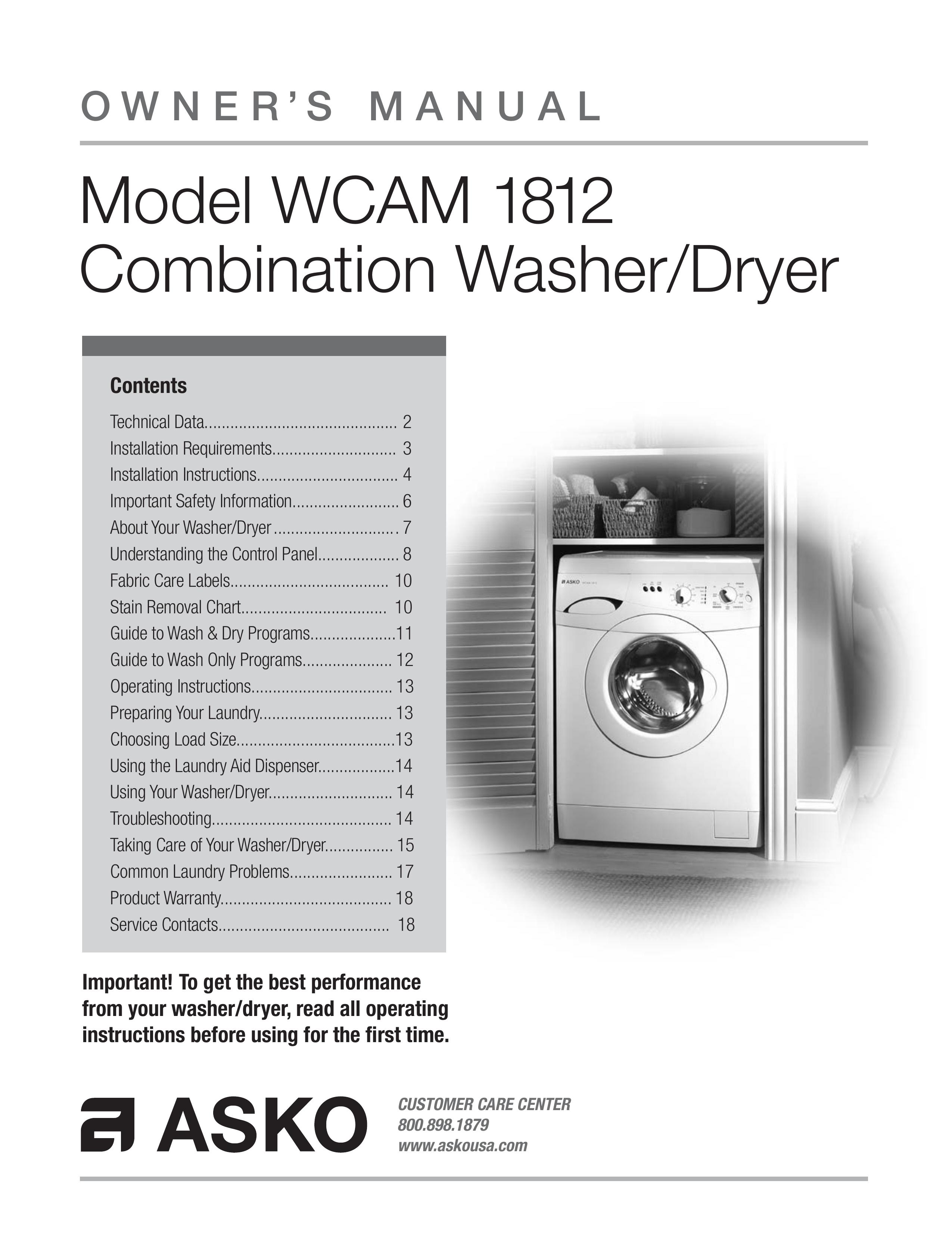 Asko WCAM 1812 Washer/Dryer User Manual