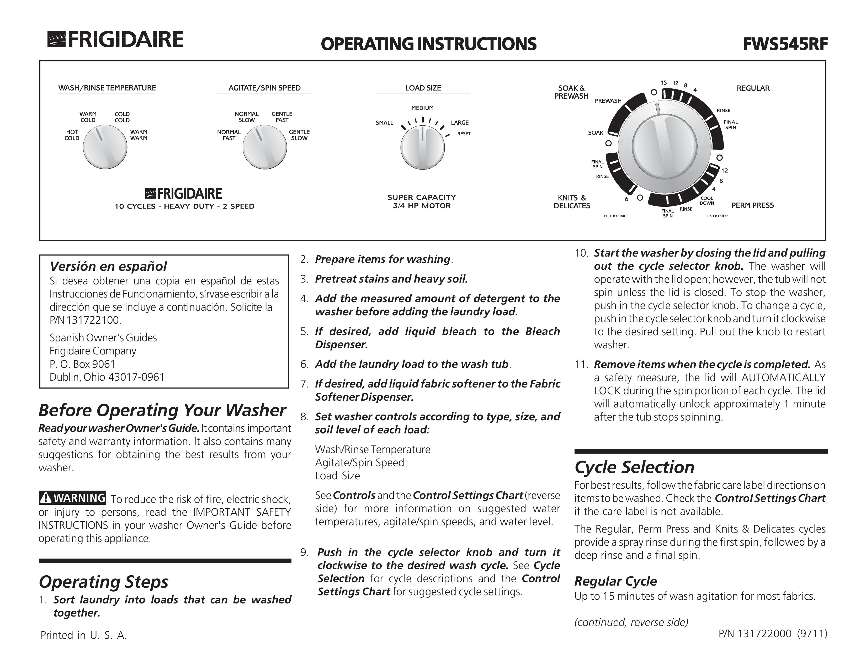 Frigidaire FWS545RF Washer/Dryer User Manual