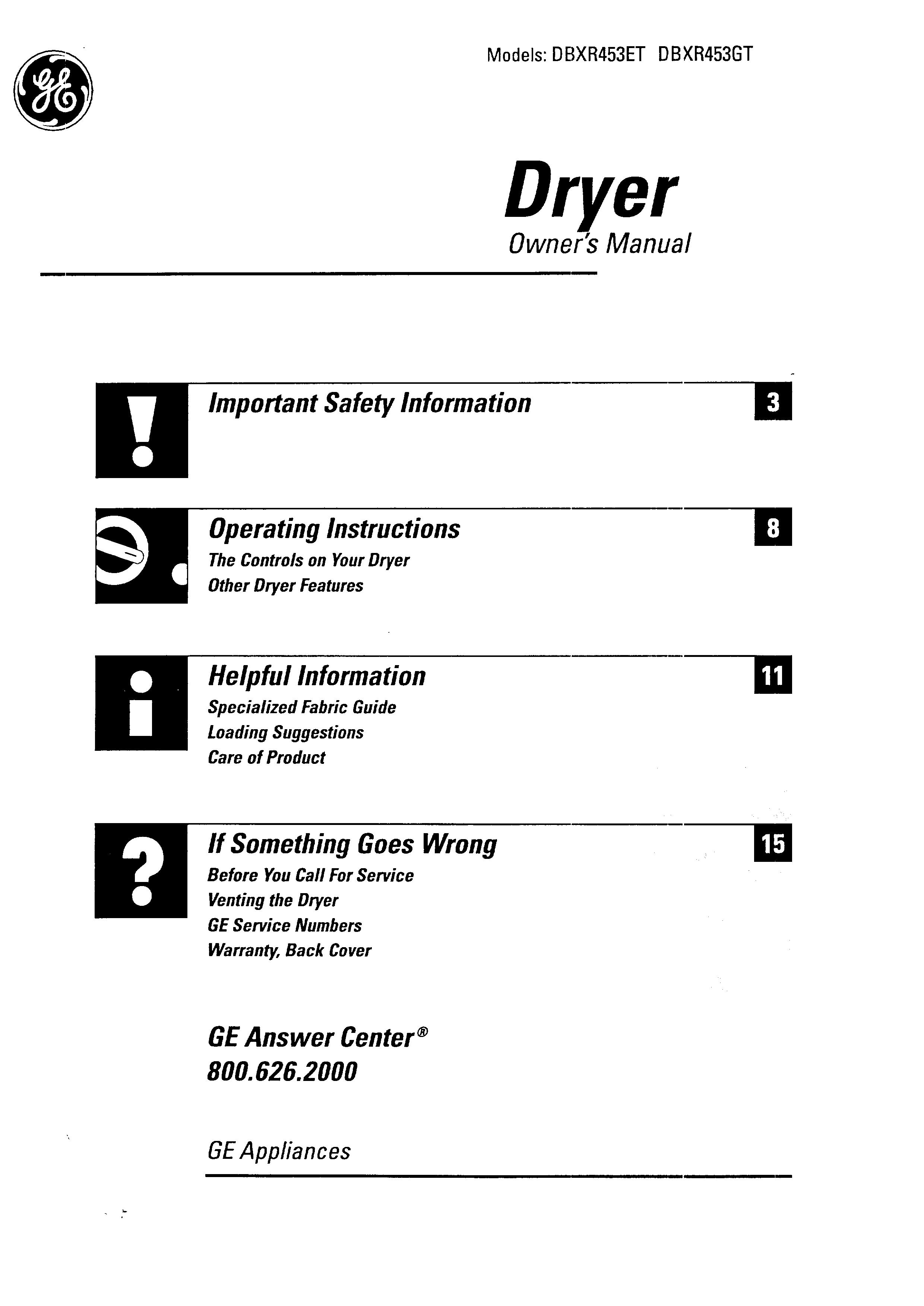 GE DBXR453GT Washer/Dryer User Manual