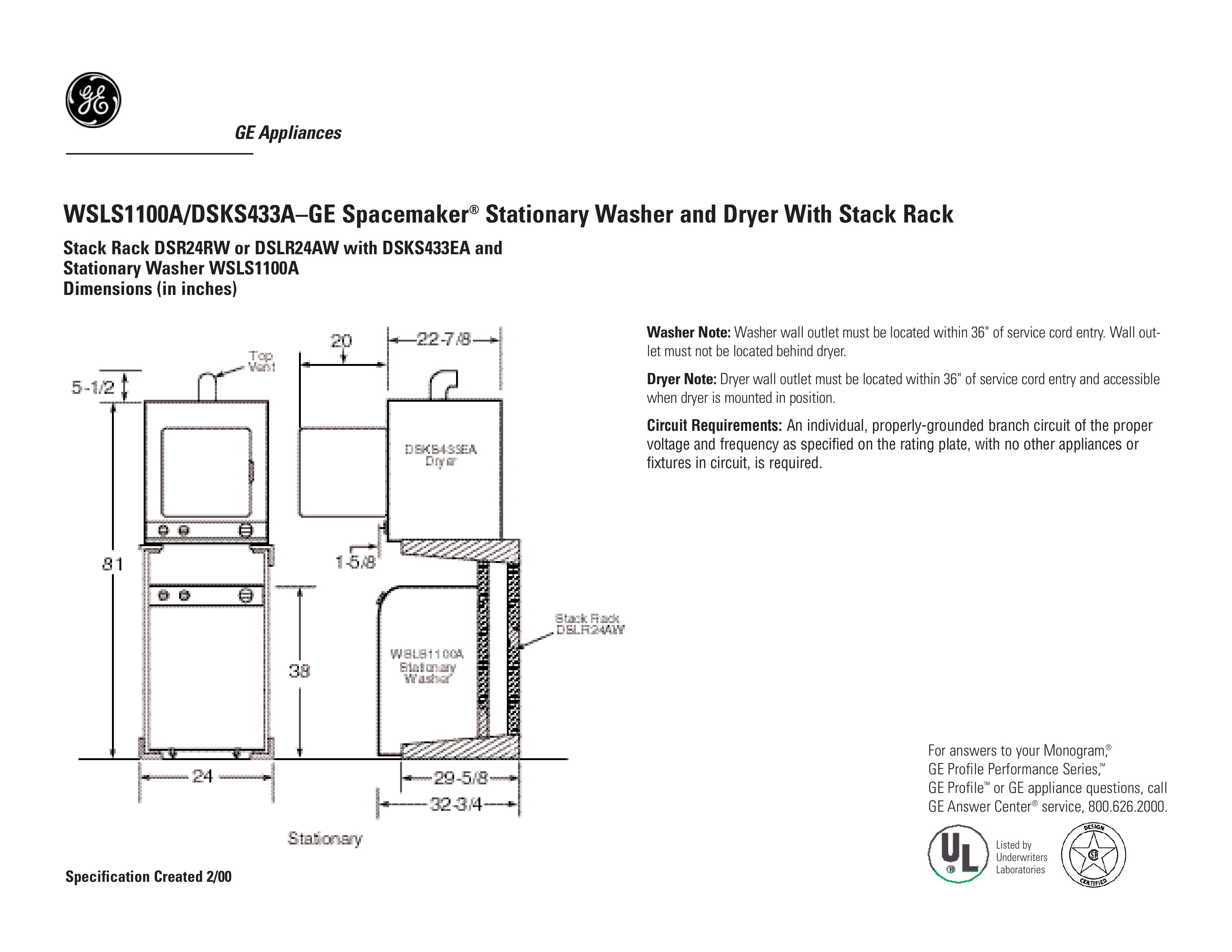 GE DSKS433A Washer/Dryer User Manual