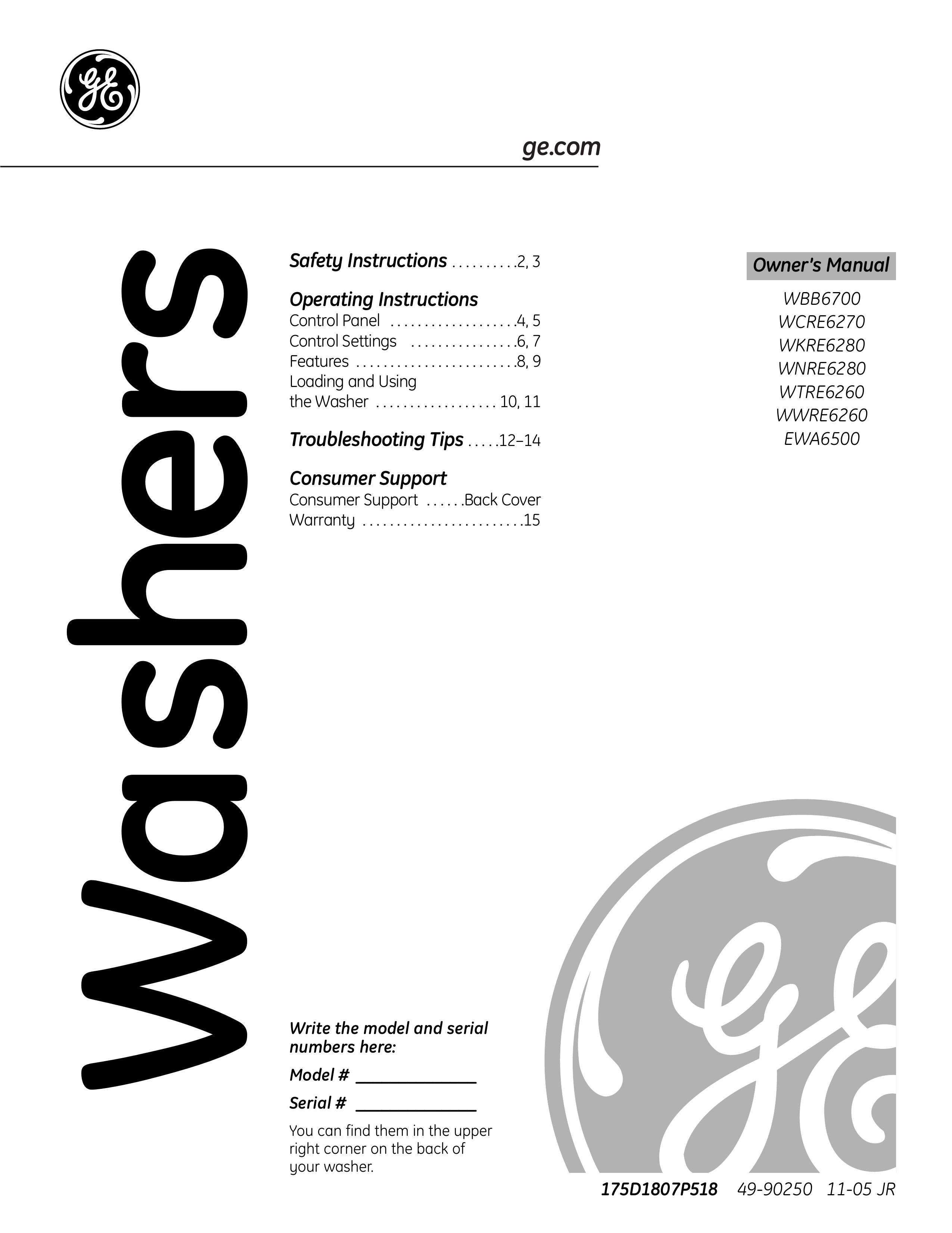 GE EWA6500 Washer/Dryer User Manual