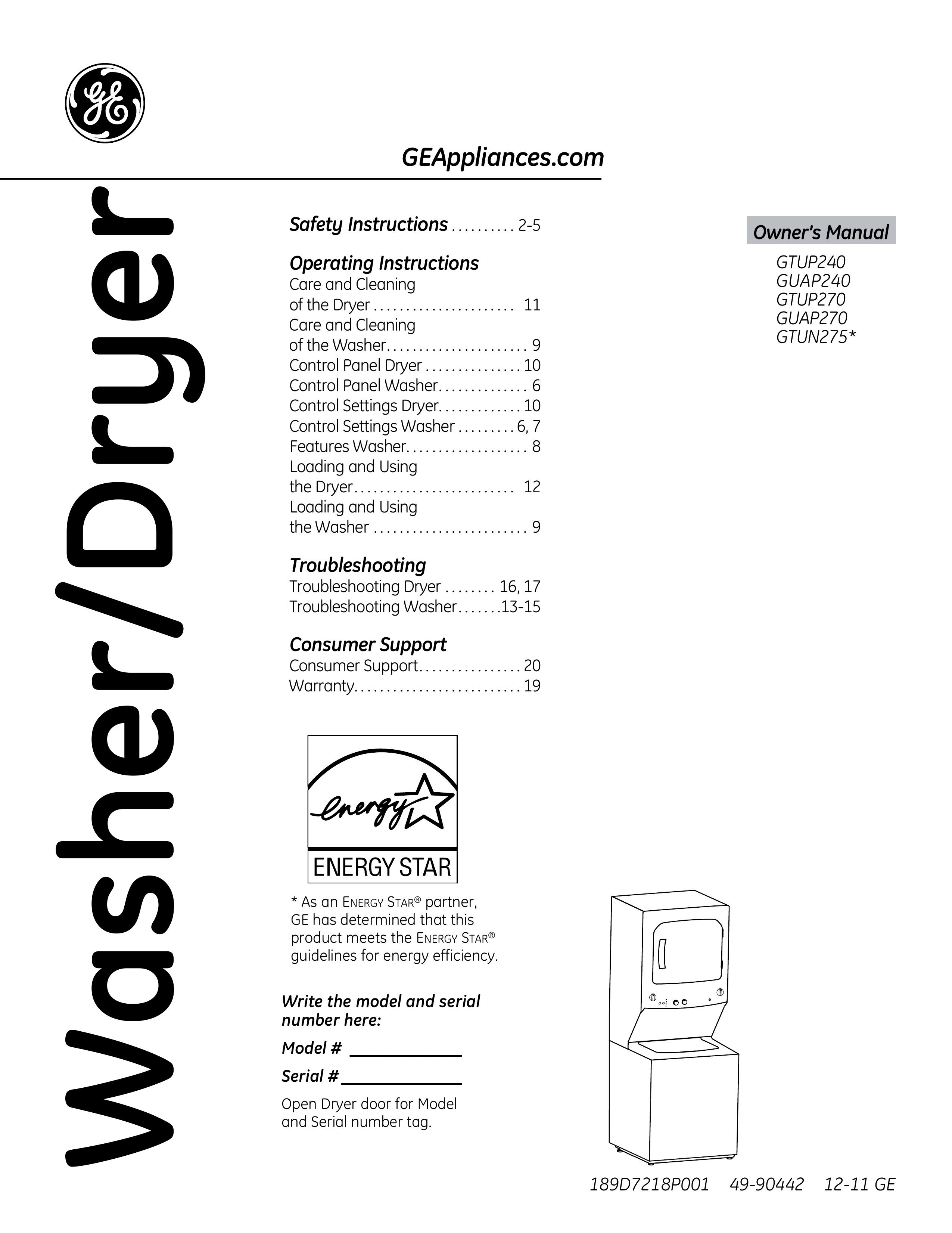 GE GTUN275 Washer/Dryer User Manual