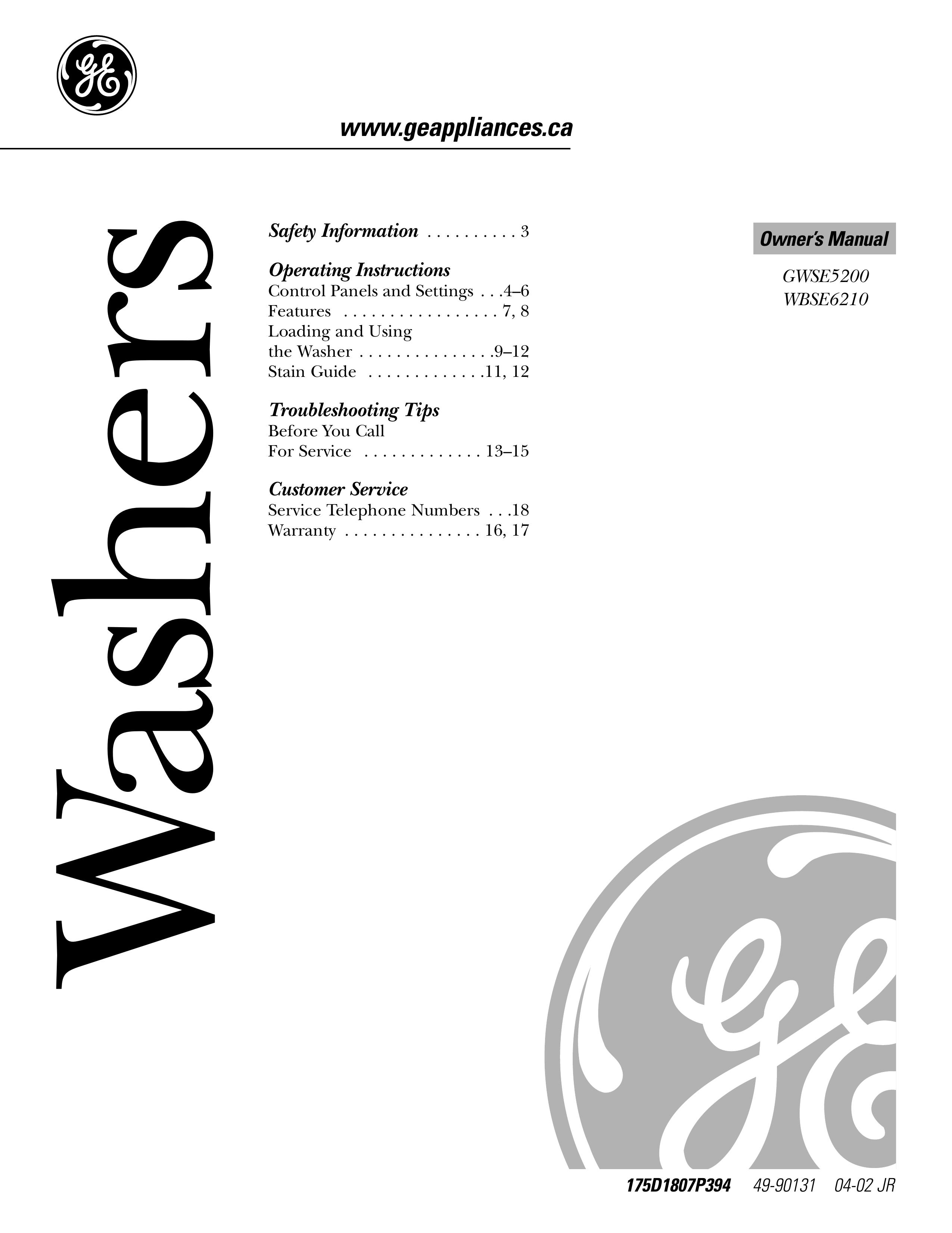 GE GWSE5200 Washer/Dryer User Manual