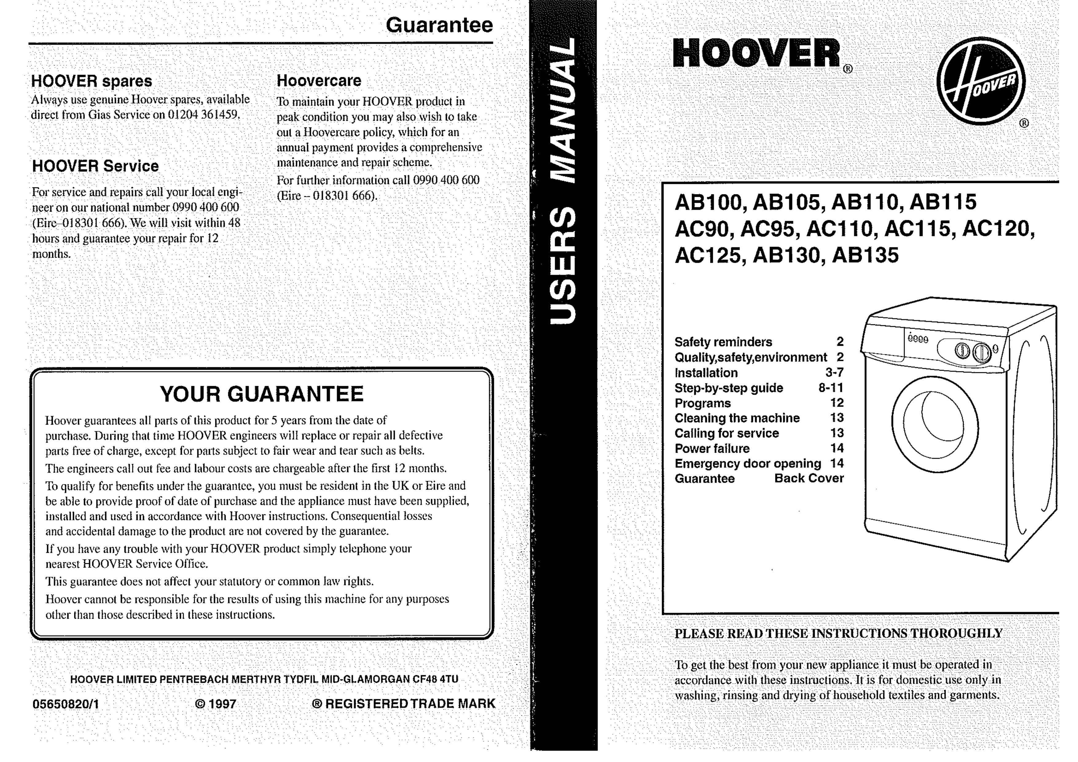 Hoover AB100 Washer/Dryer User Manual