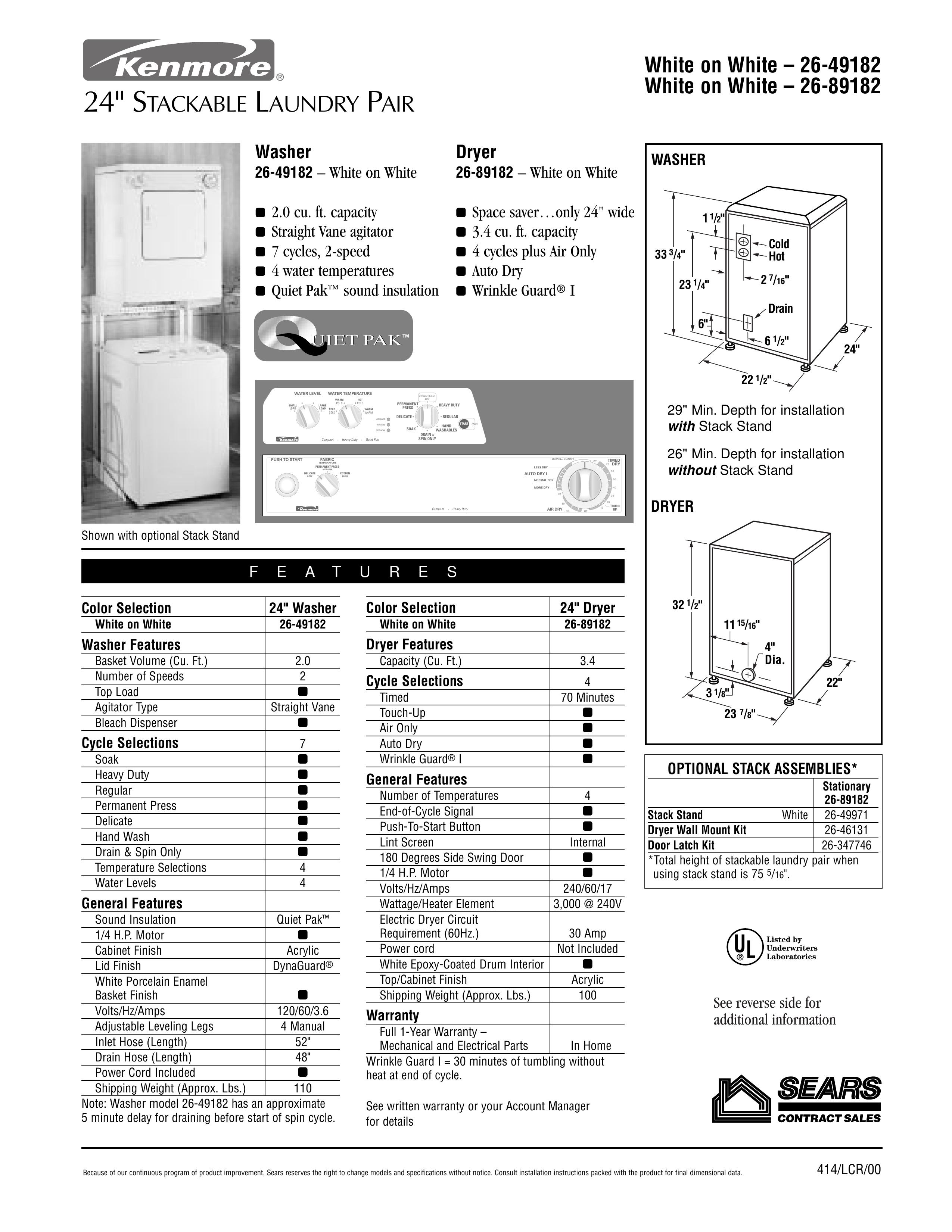 Kenmore 26-49182 Washer/Dryer User Manual