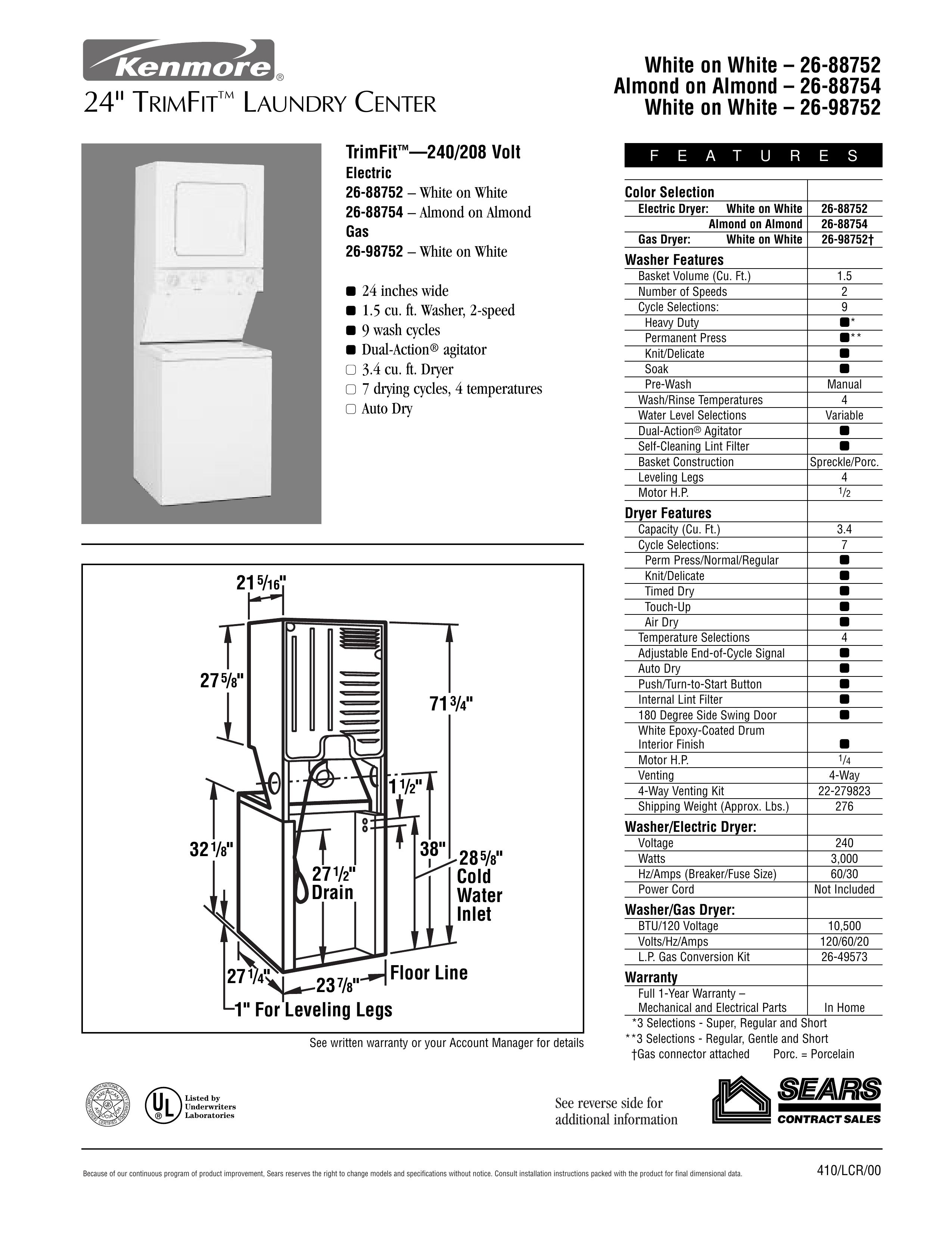 Kenmore 26-88752 Washer/Dryer User Manual