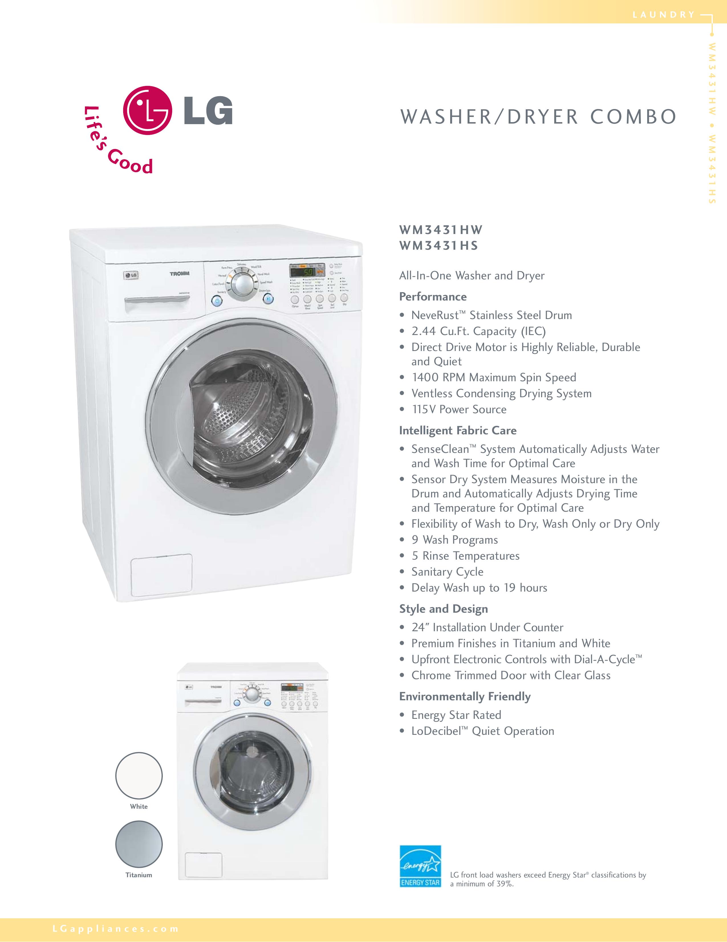 LG Electronics WM3431HW Washer/Dryer User Manual