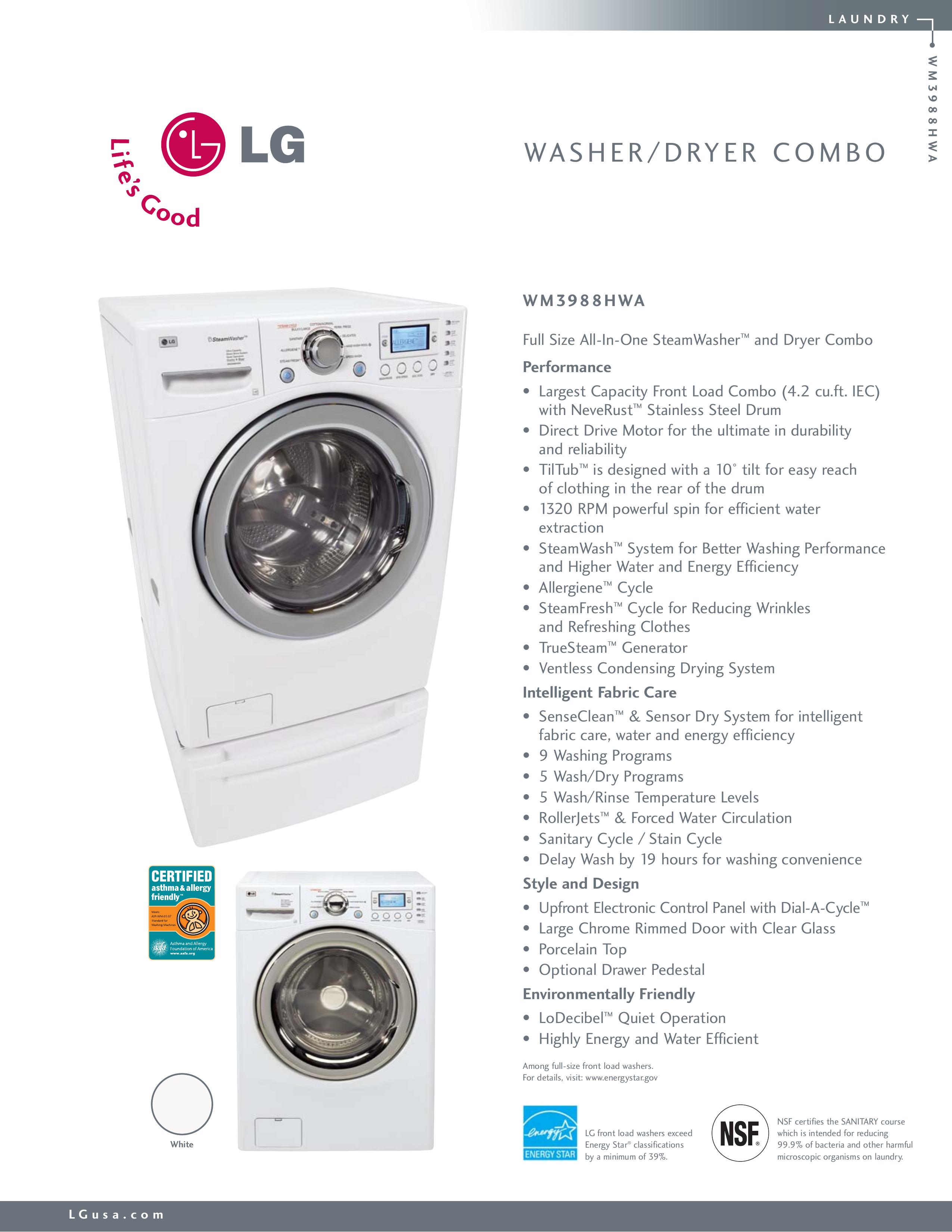 LG Electronics WM3988HWA Washer/Dryer User Manual