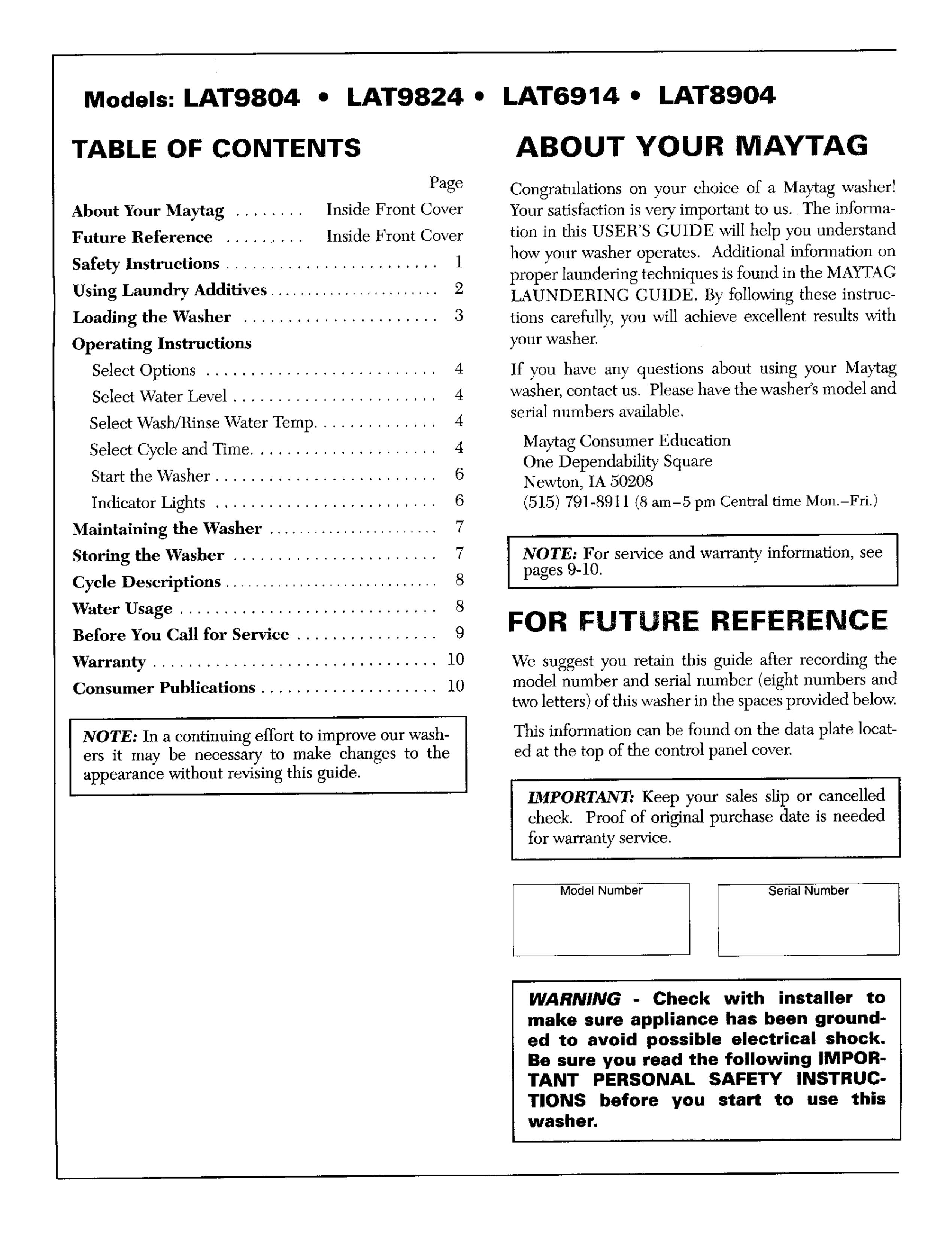 Maytag LAT9824 Washer/Dryer User Manual