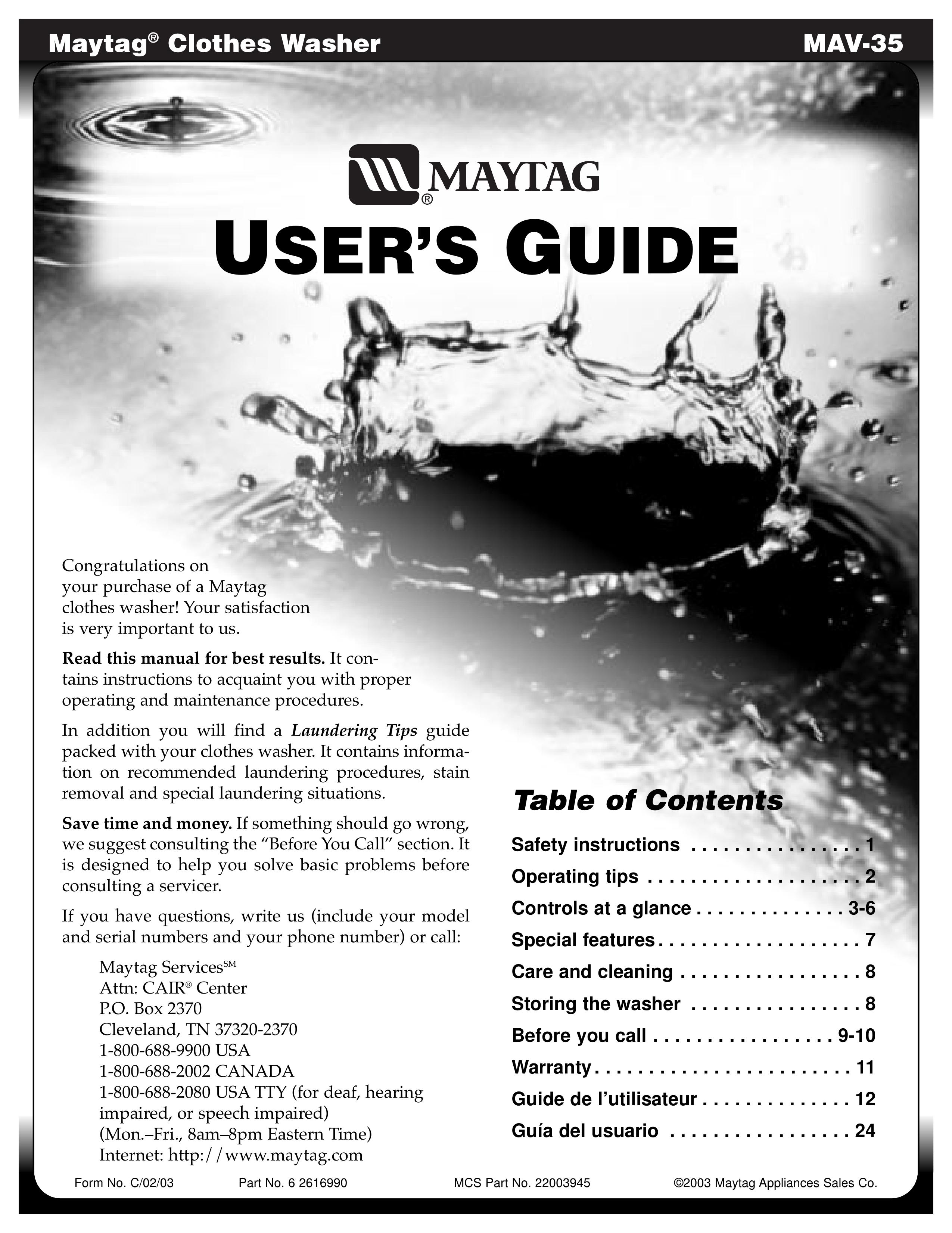 Maytag MAV-35 Washer/Dryer User Manual