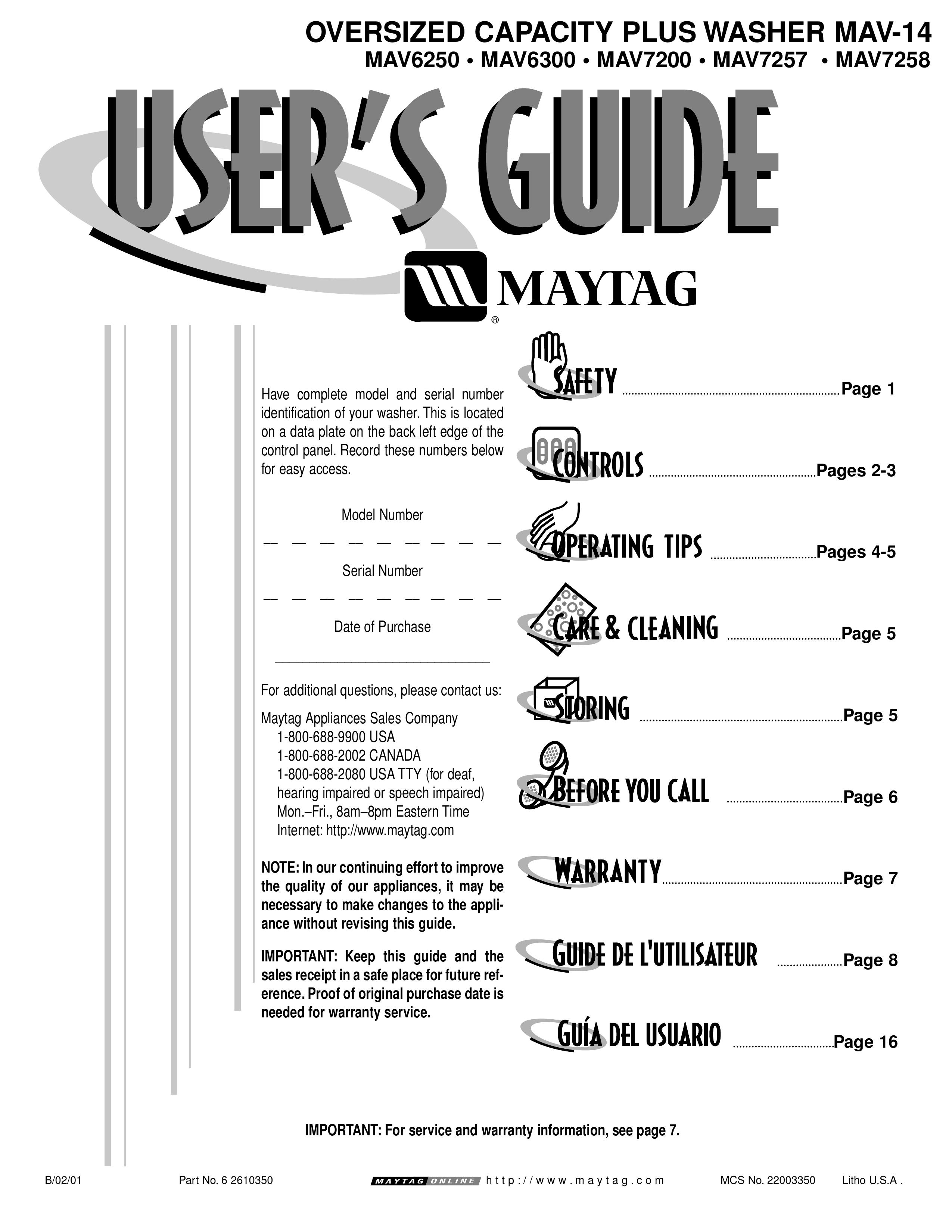 Maytag MAV6250 Washer/Dryer User Manual
