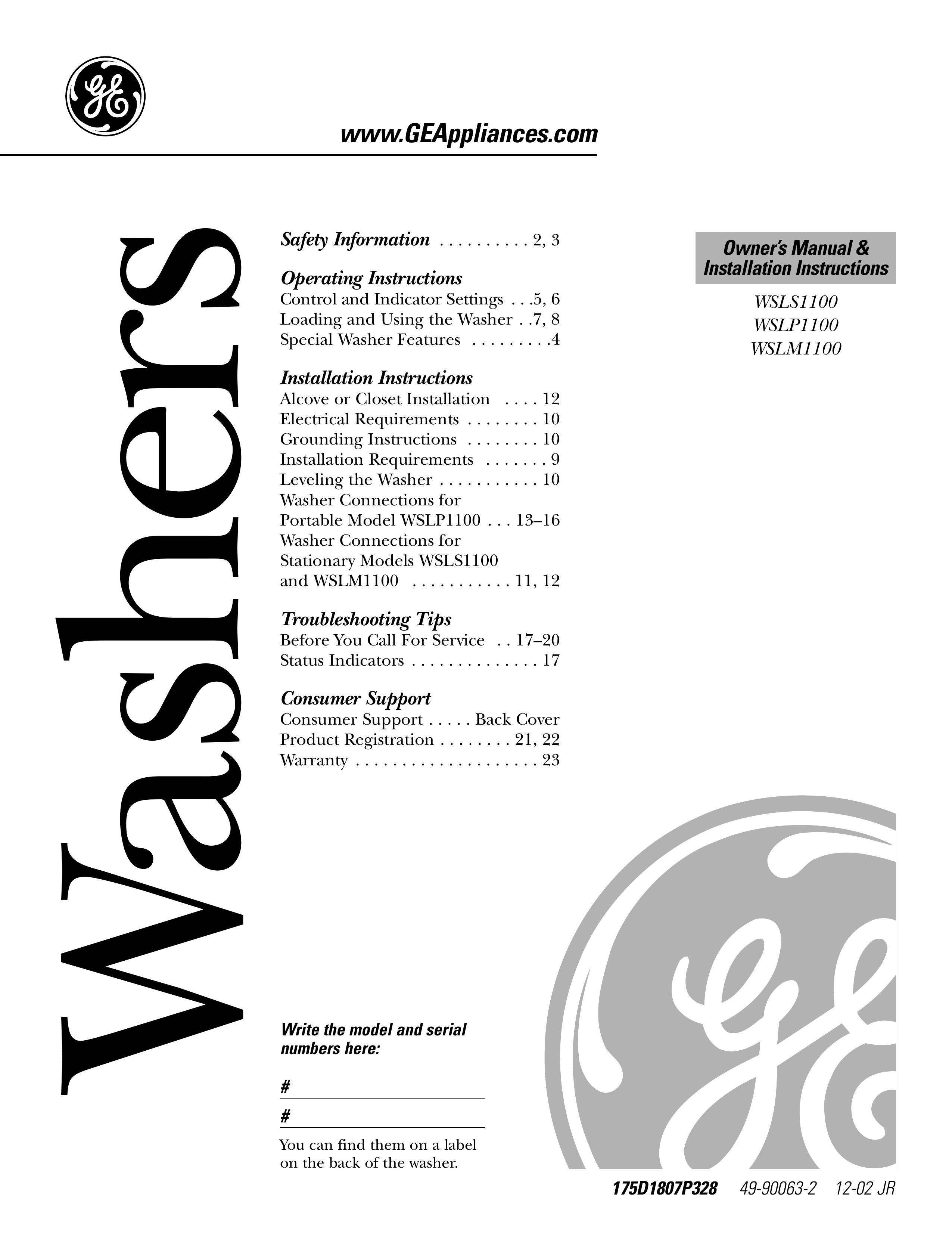 Panasonic WSLS1100 Washer/Dryer User Manual