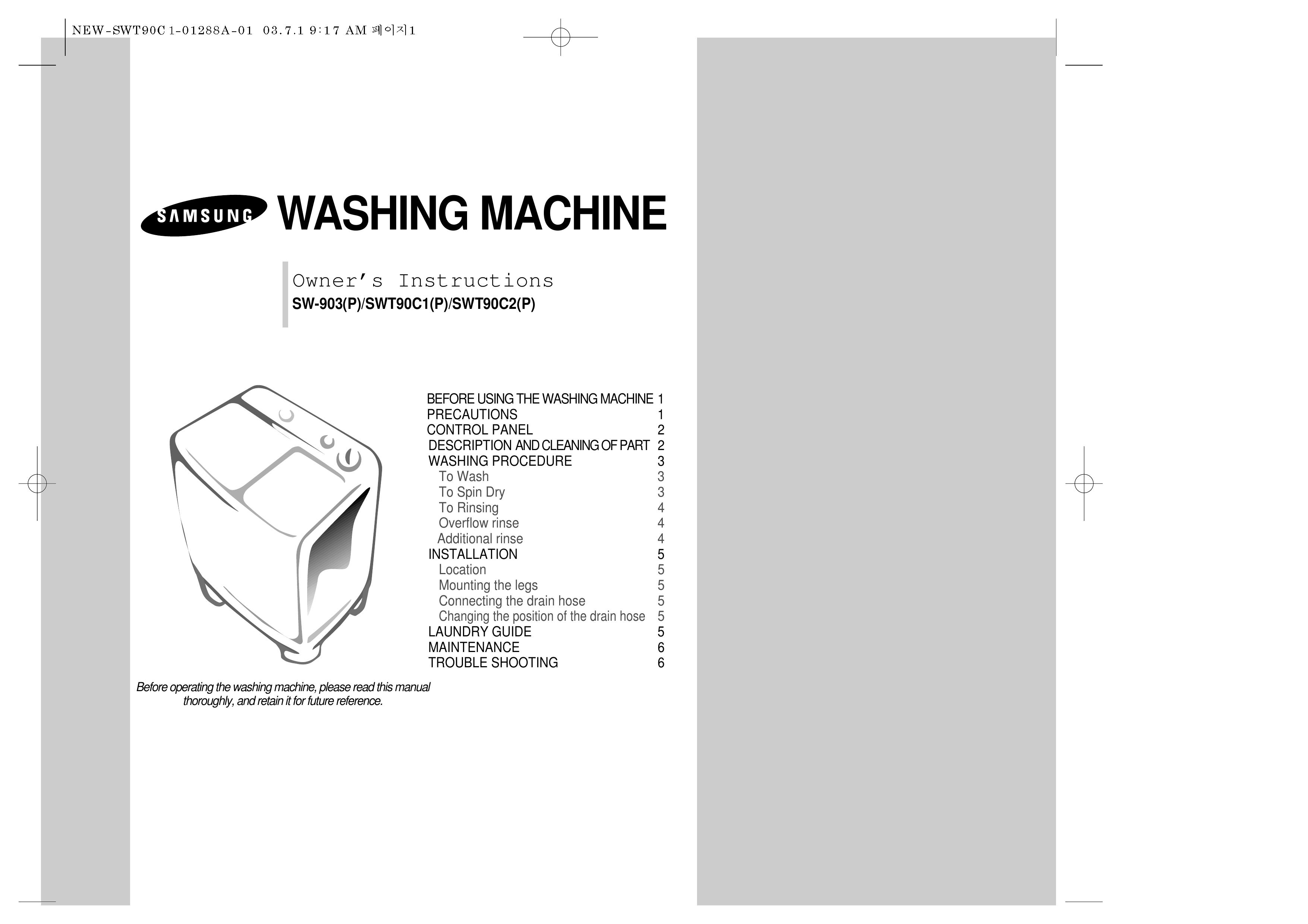 Samsung SW-903(P) Washer/Dryer User Manual