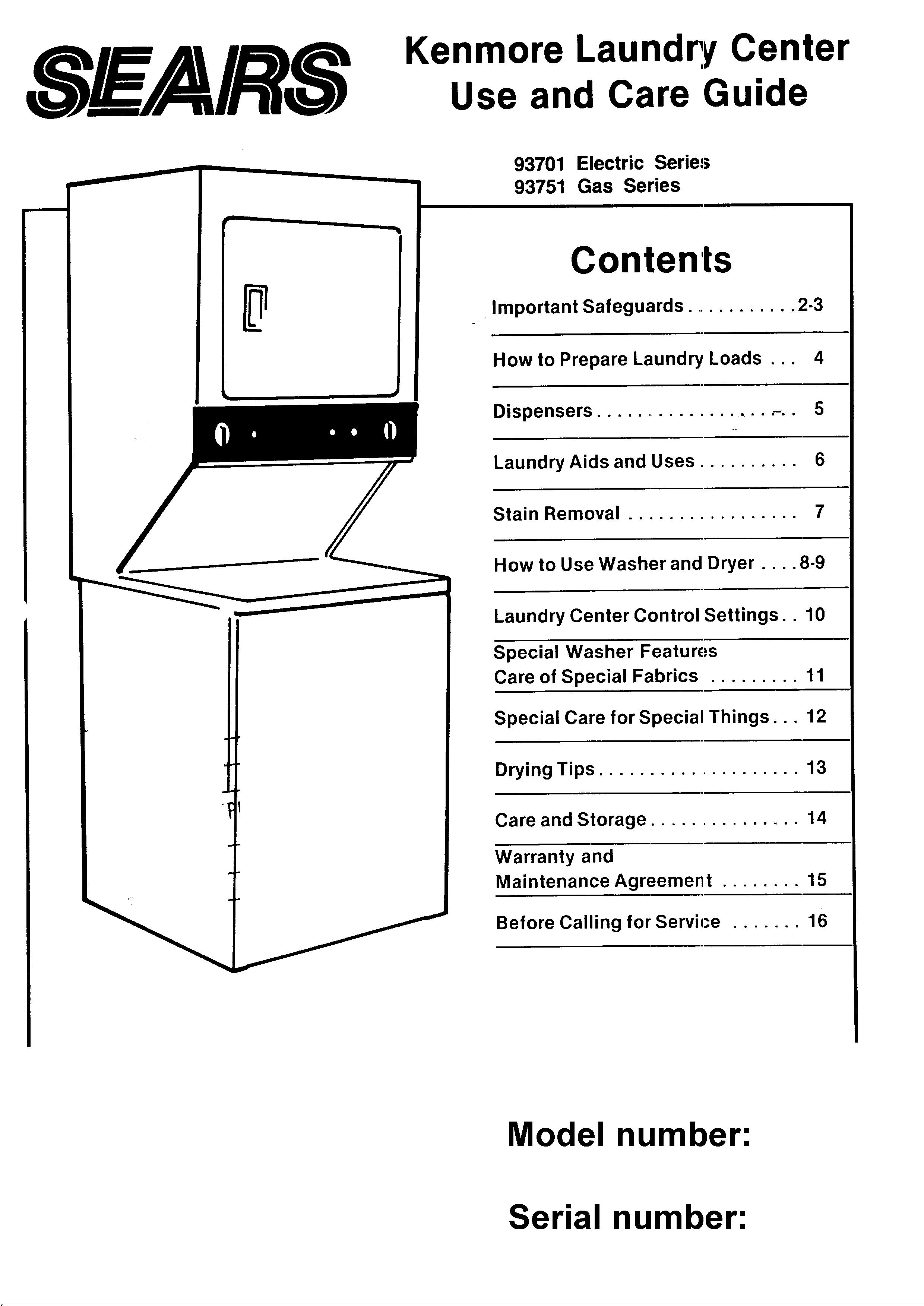 Sears 93701 Washer/Dryer User Manual