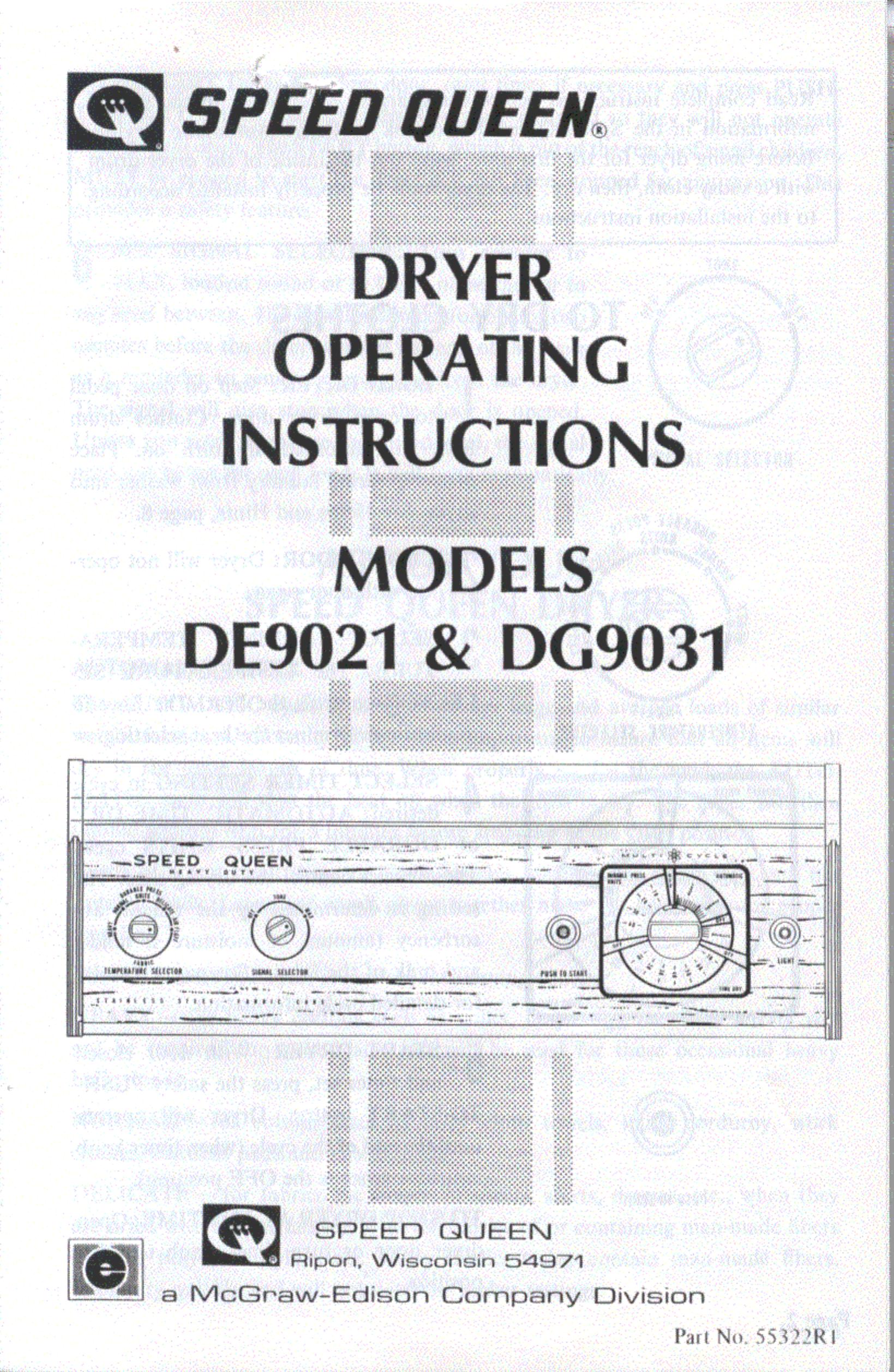 Speed Queen DE9021 Washer/Dryer User Manual