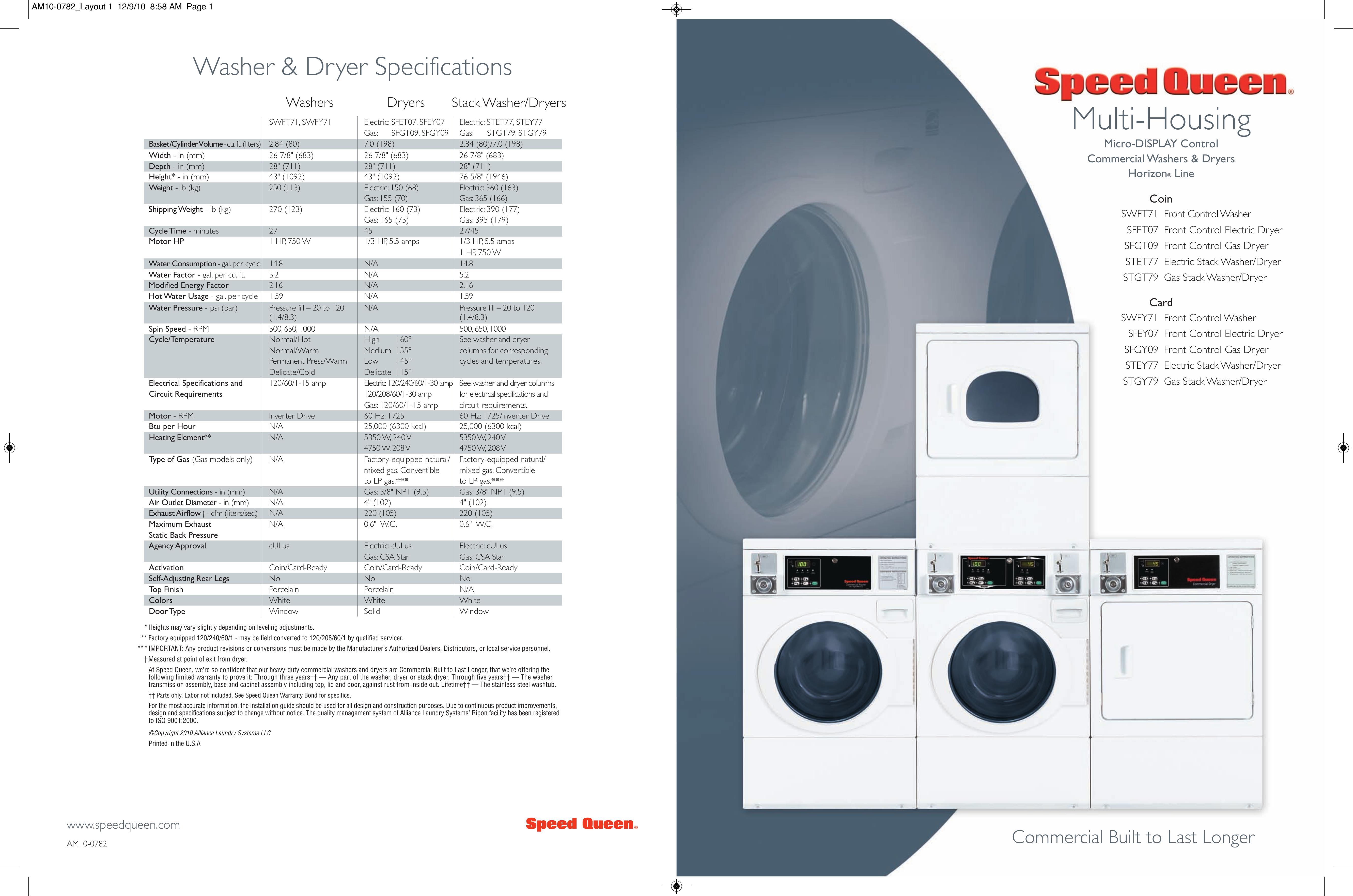 Speed Queen SWFT71 Washer/Dryer User Manual