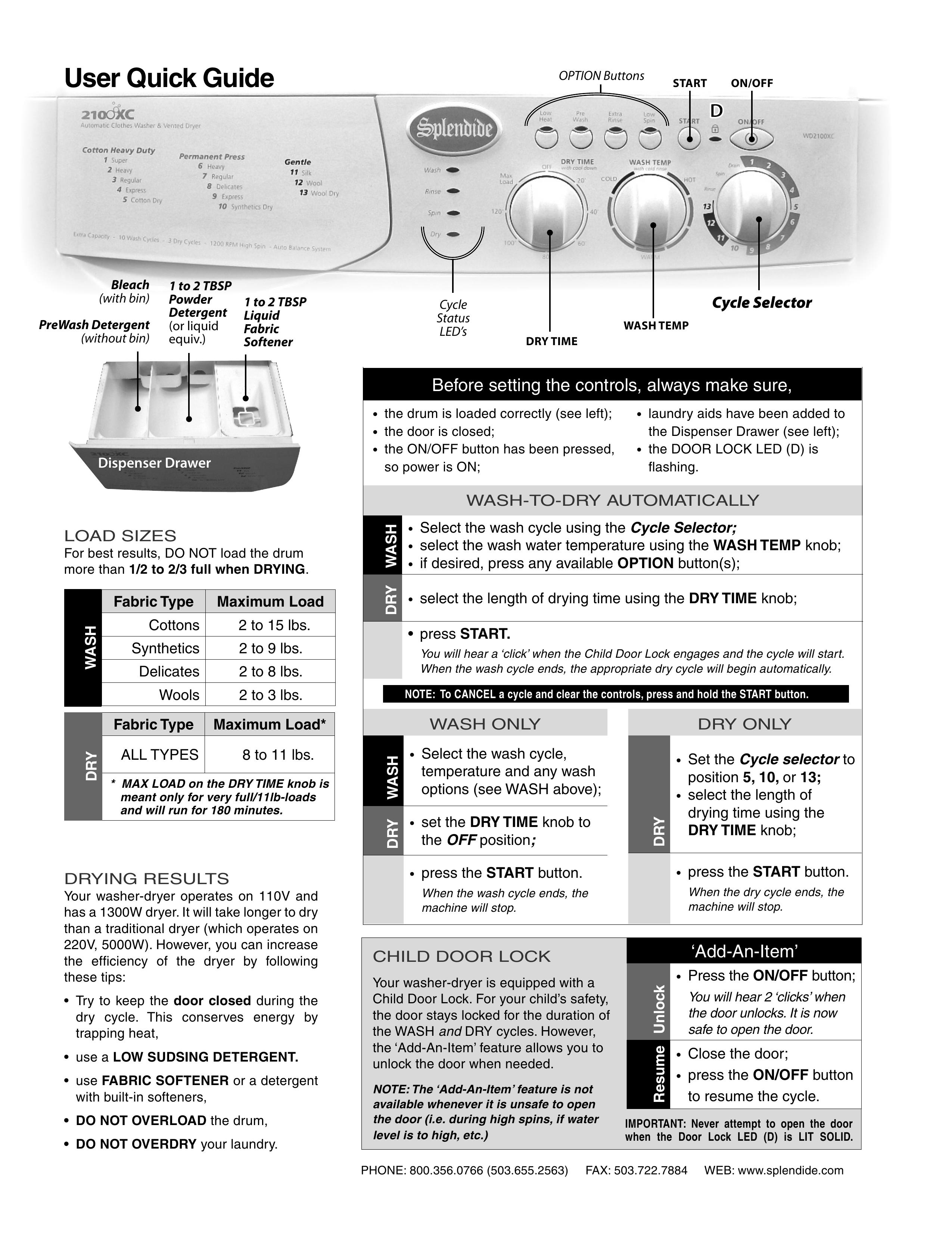 Splendide 210 XC Washer/Dryer User Manual
