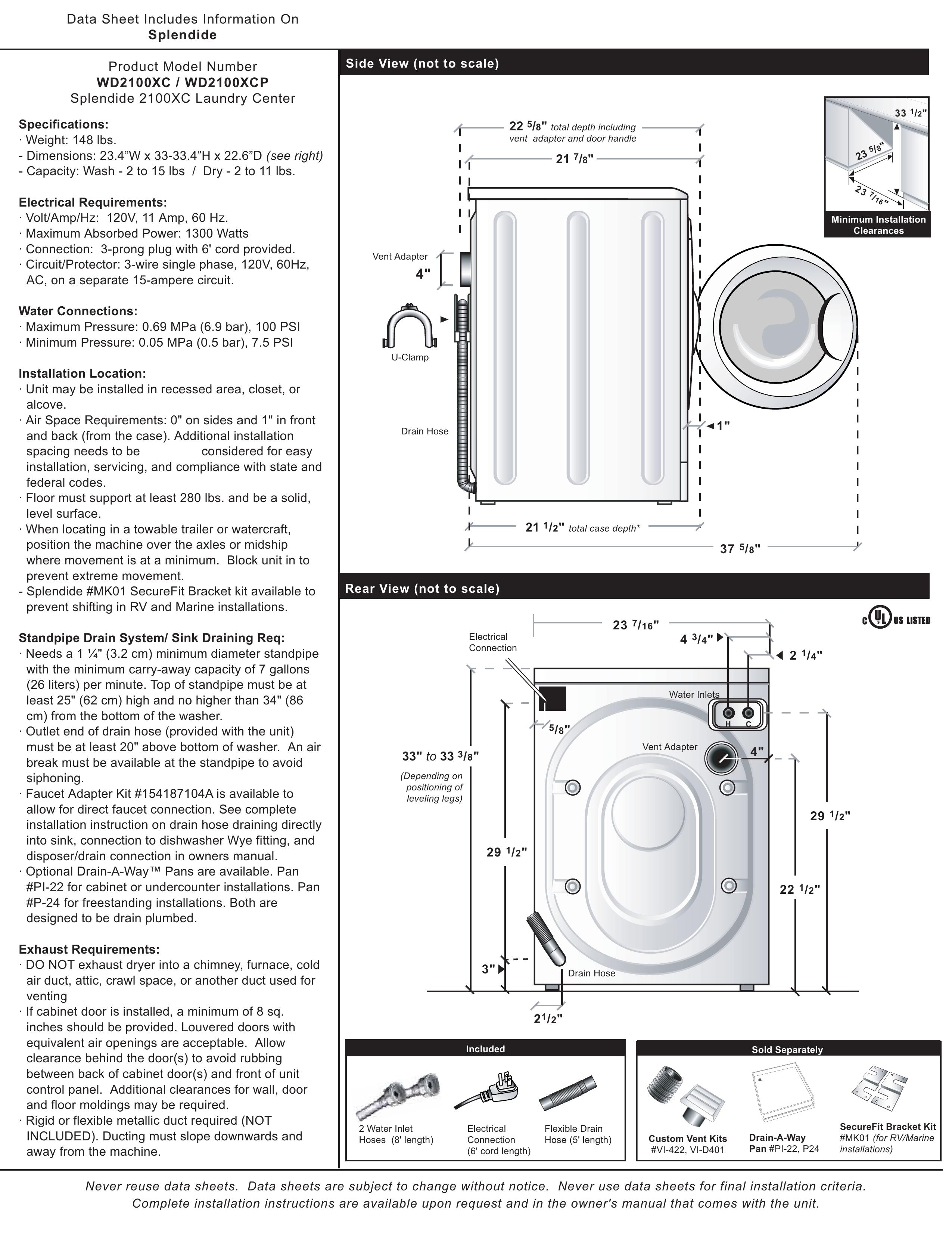 Splendide WD2100XC Washer/Dryer User Manual