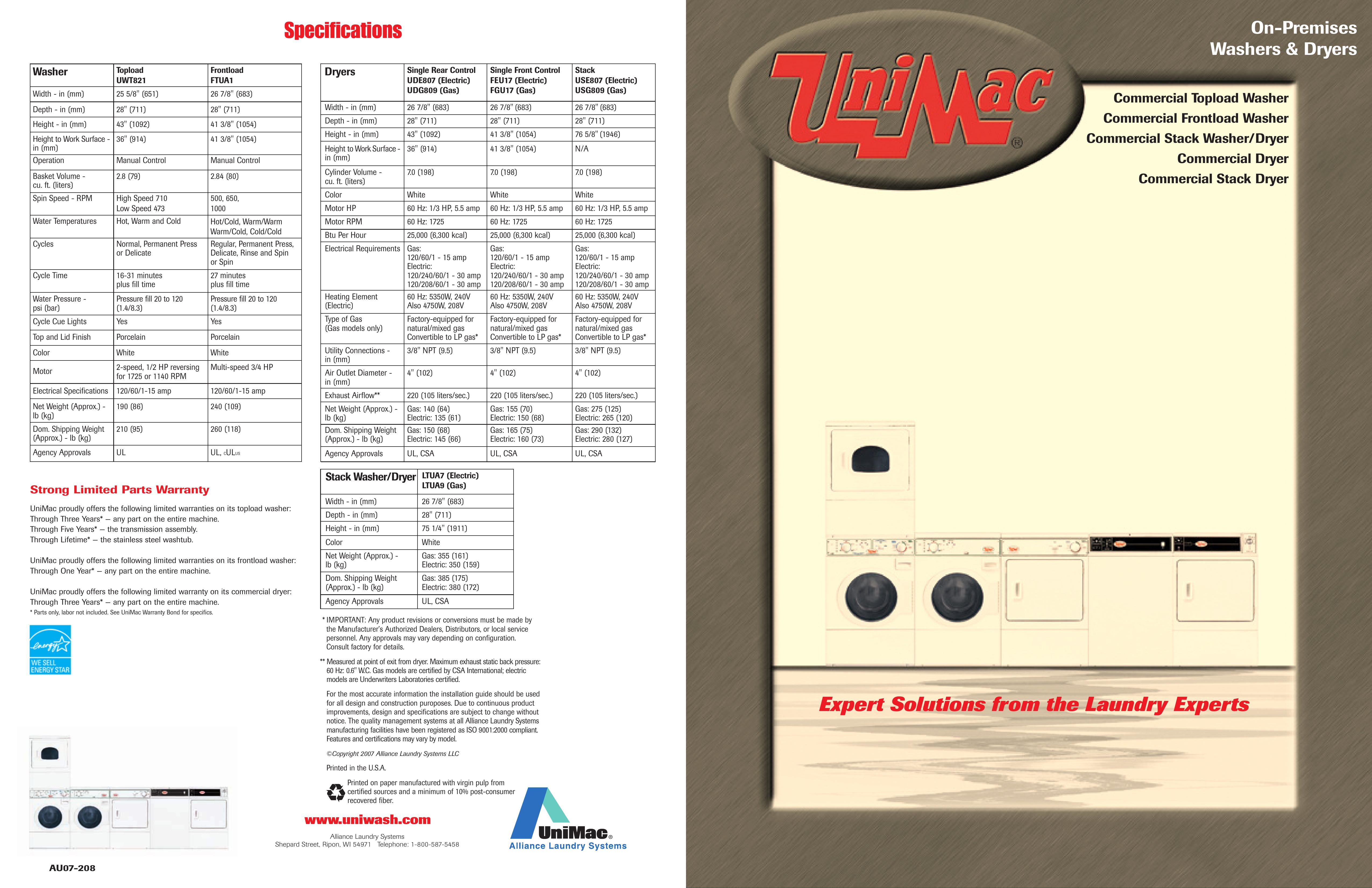 Unimac AU07-208 Washer/Dryer User Manual
