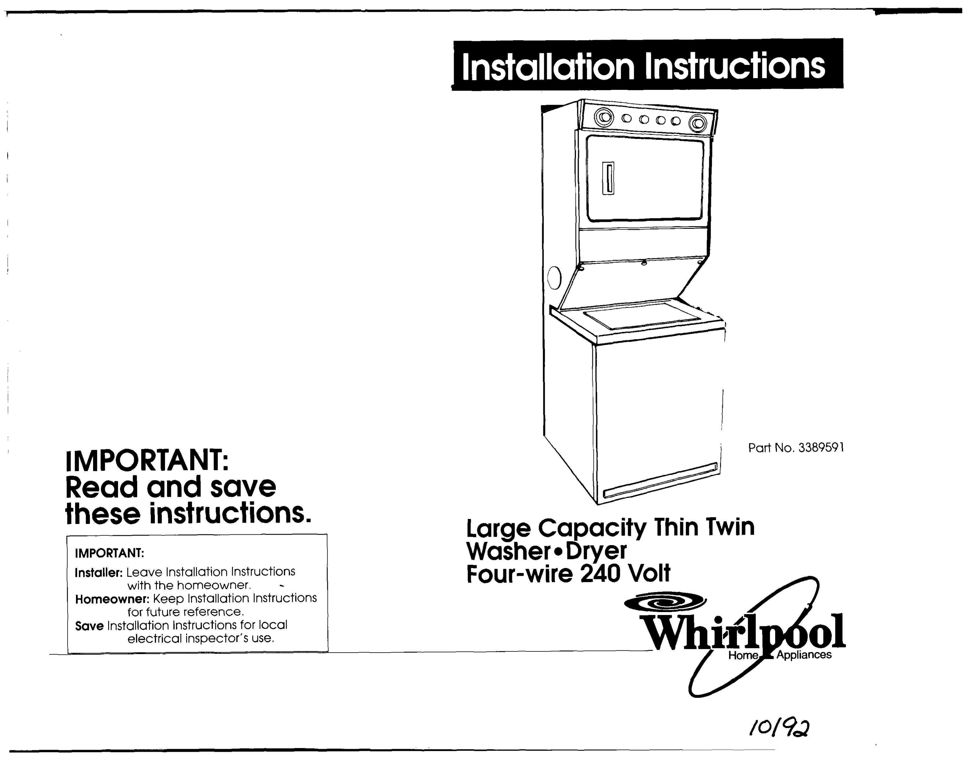 Whirlpool 3389591 Washer/Dryer User Manual