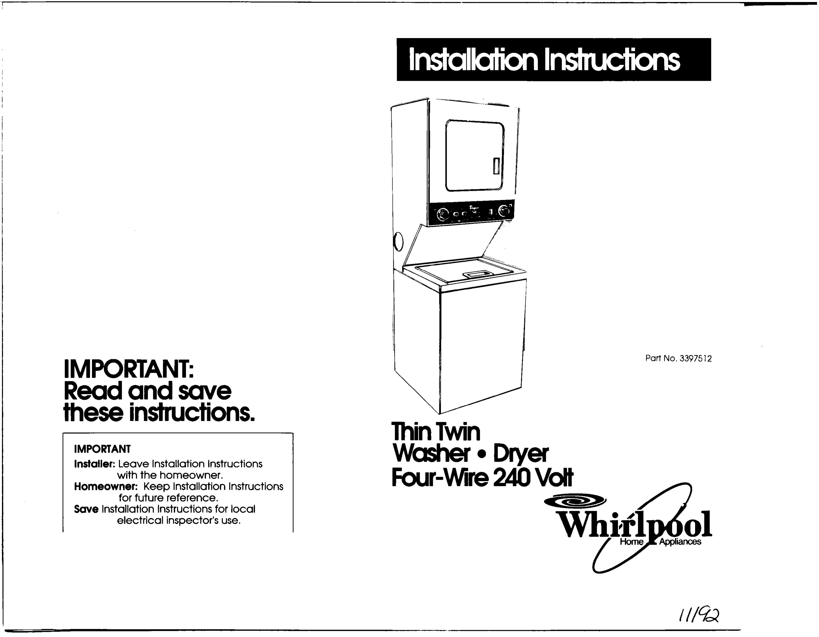 Whirlpool 3397512 Washer/Dryer User Manual