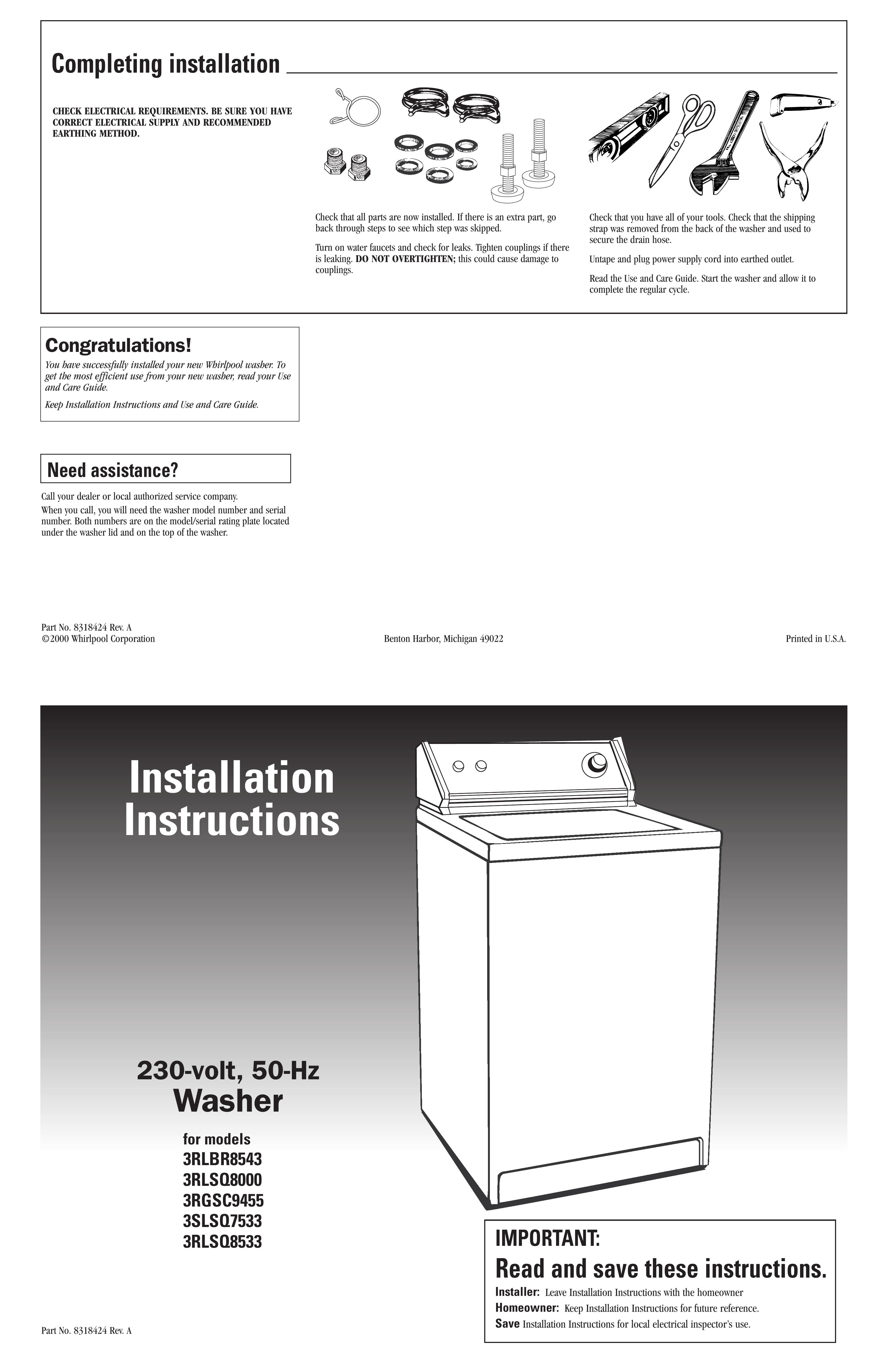 Whirlpool 3RLSQ8533 Washer/Dryer User Manual