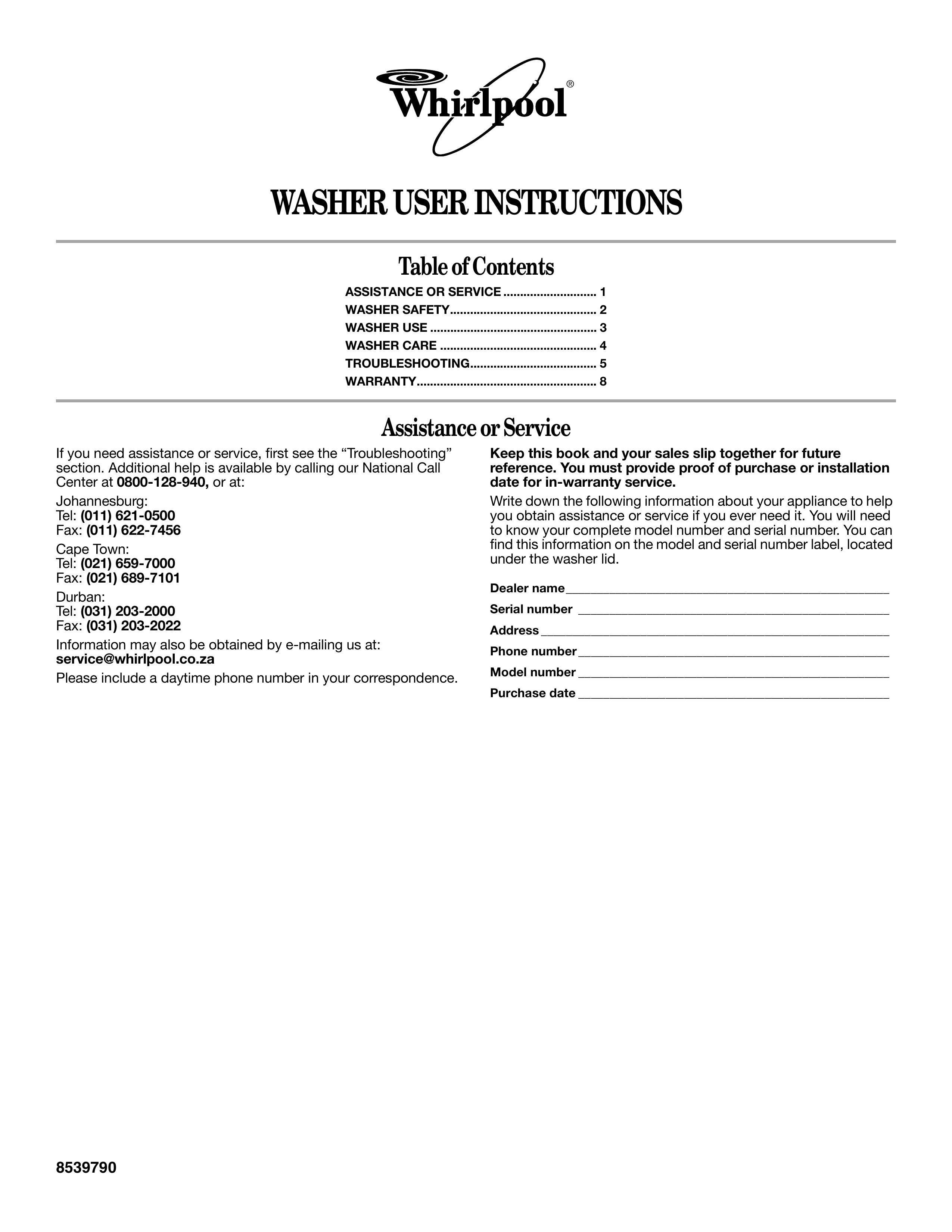 Whirlpool 3SLSR6233MQ0 Washer/Dryer User Manual