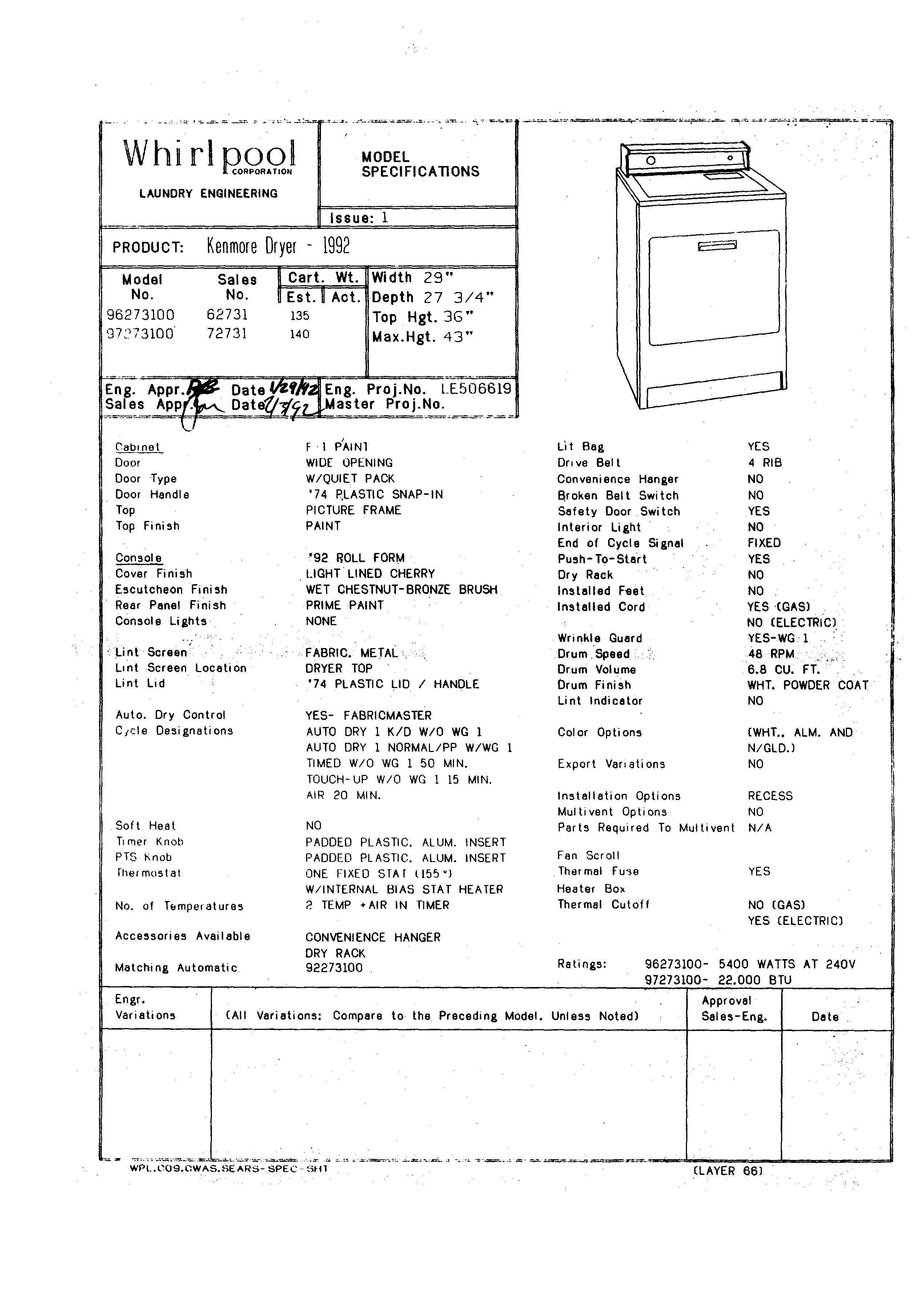 Whirlpool 96273100 Washer/Dryer User Manual