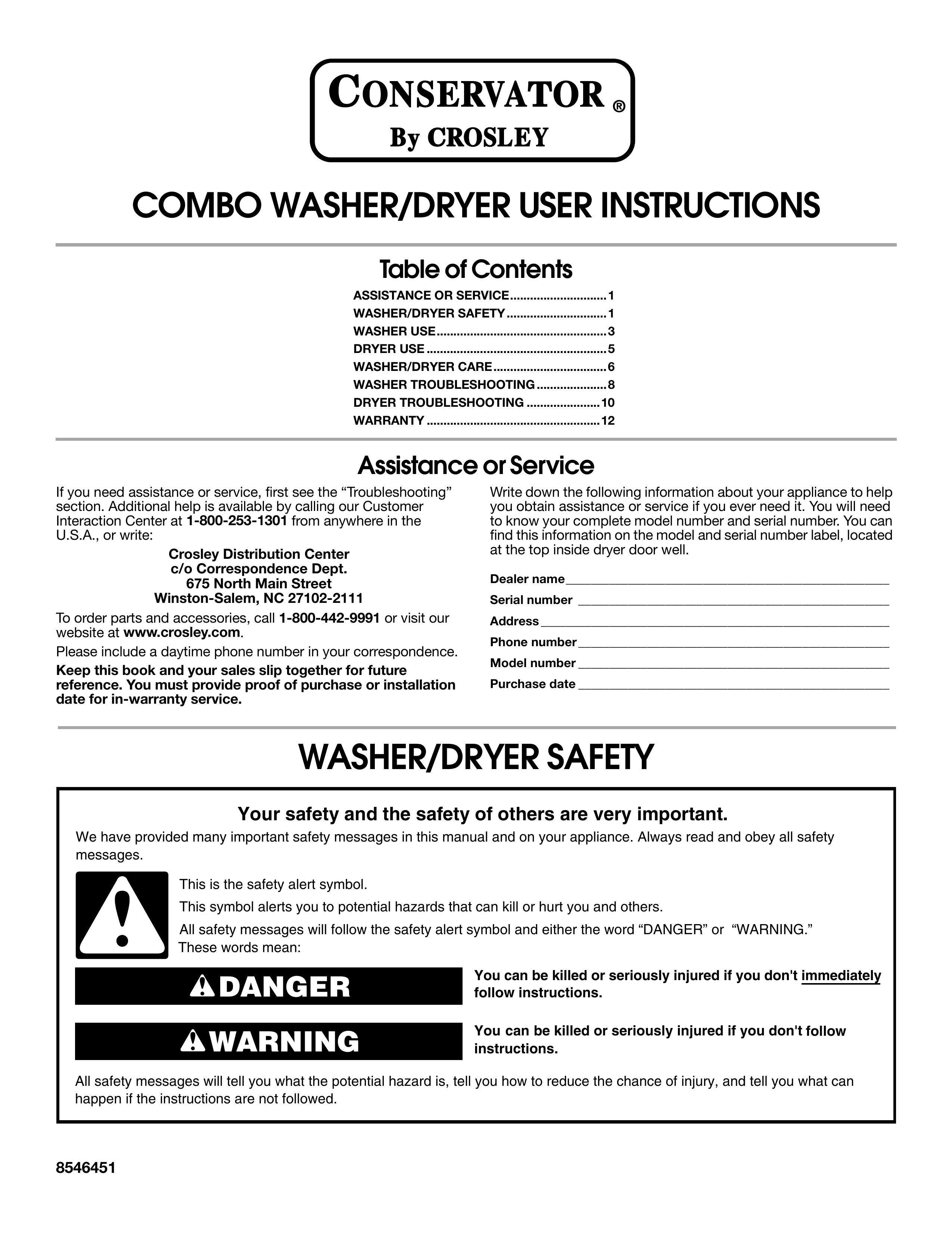 Whirlpool BYCWD6274W3 Washer/Dryer User Manual