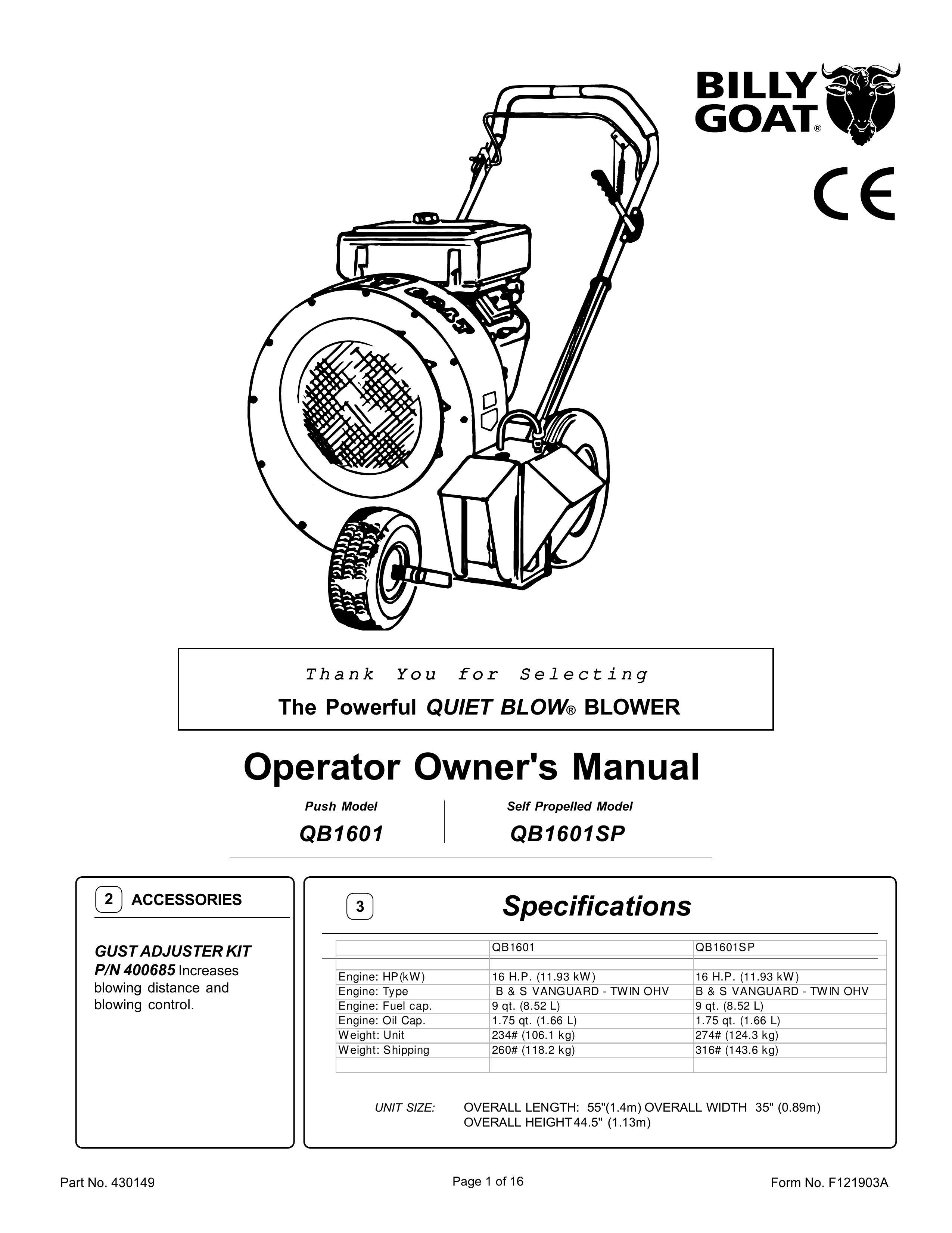Billy Goat QB1601, QB1601SP Blower User Manual