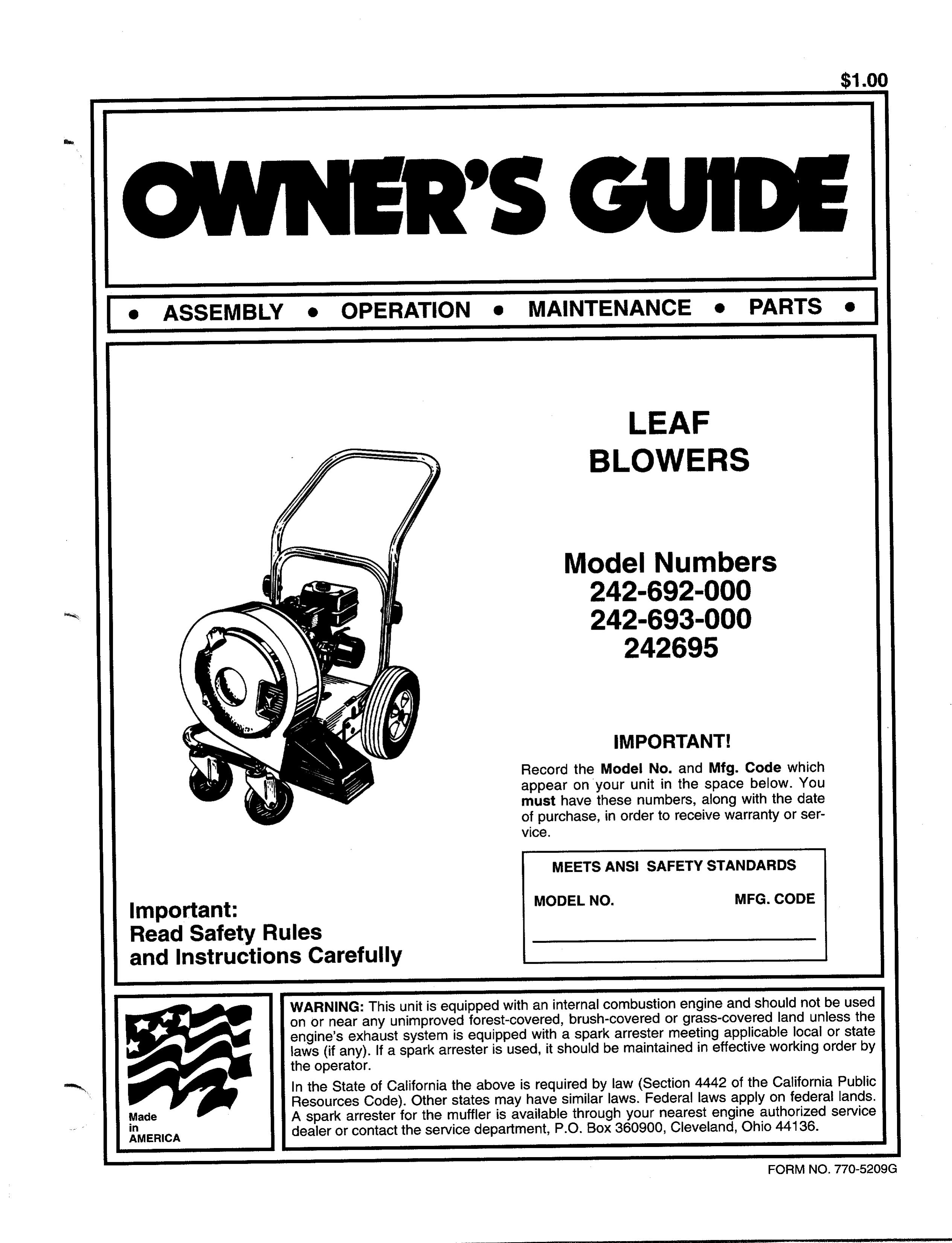 Bolens 242-692-000 Blower User Manual