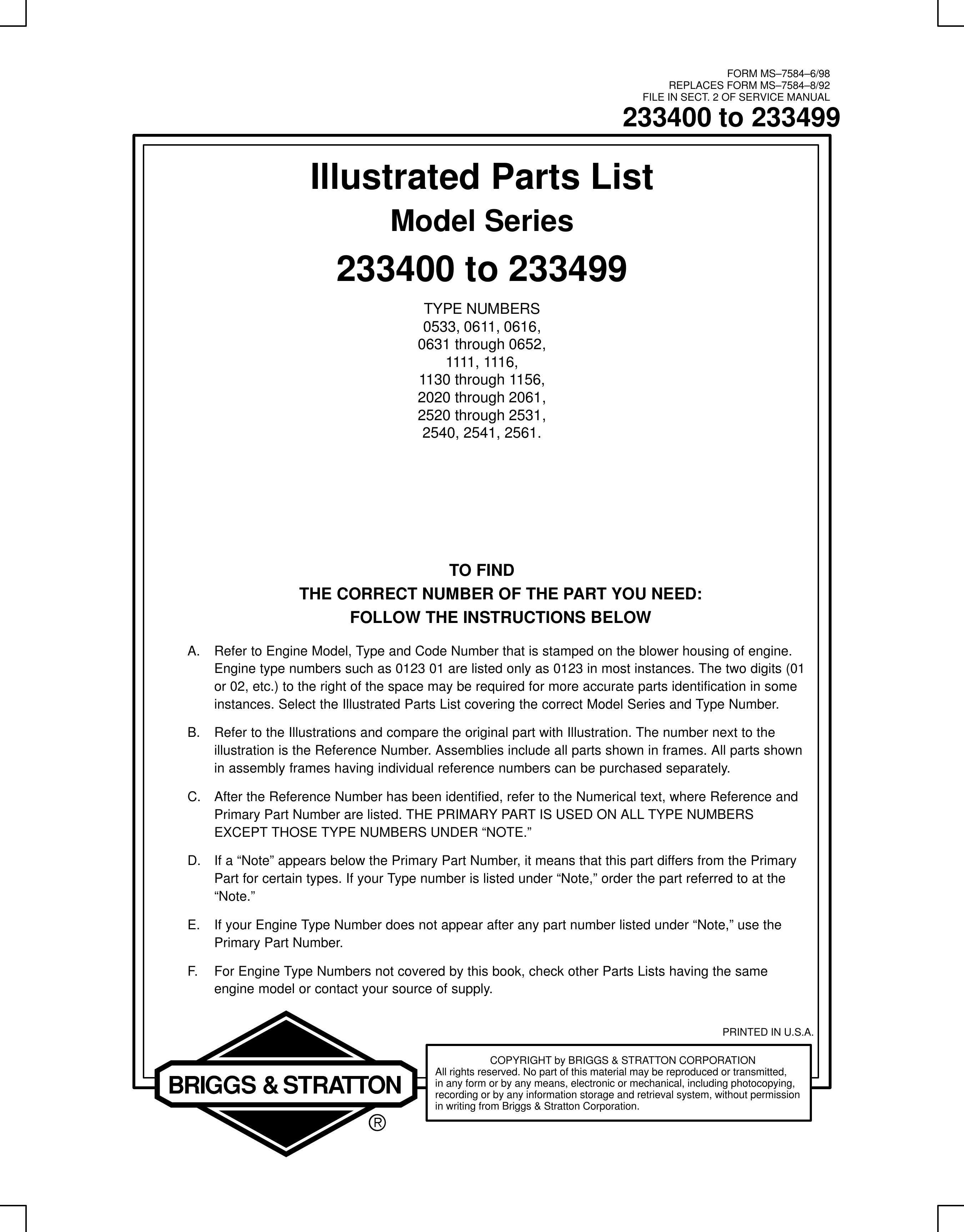 Briggs & Stratton 233400 to 233499 Blower User Manual