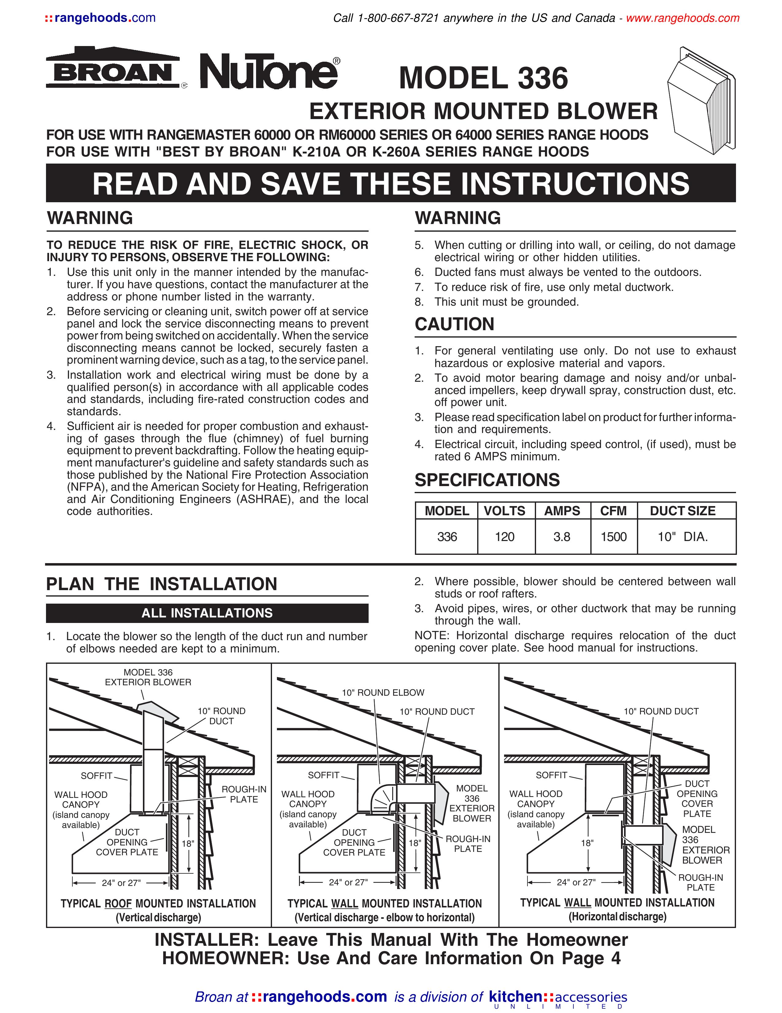 Broan 336 Blower User Manual