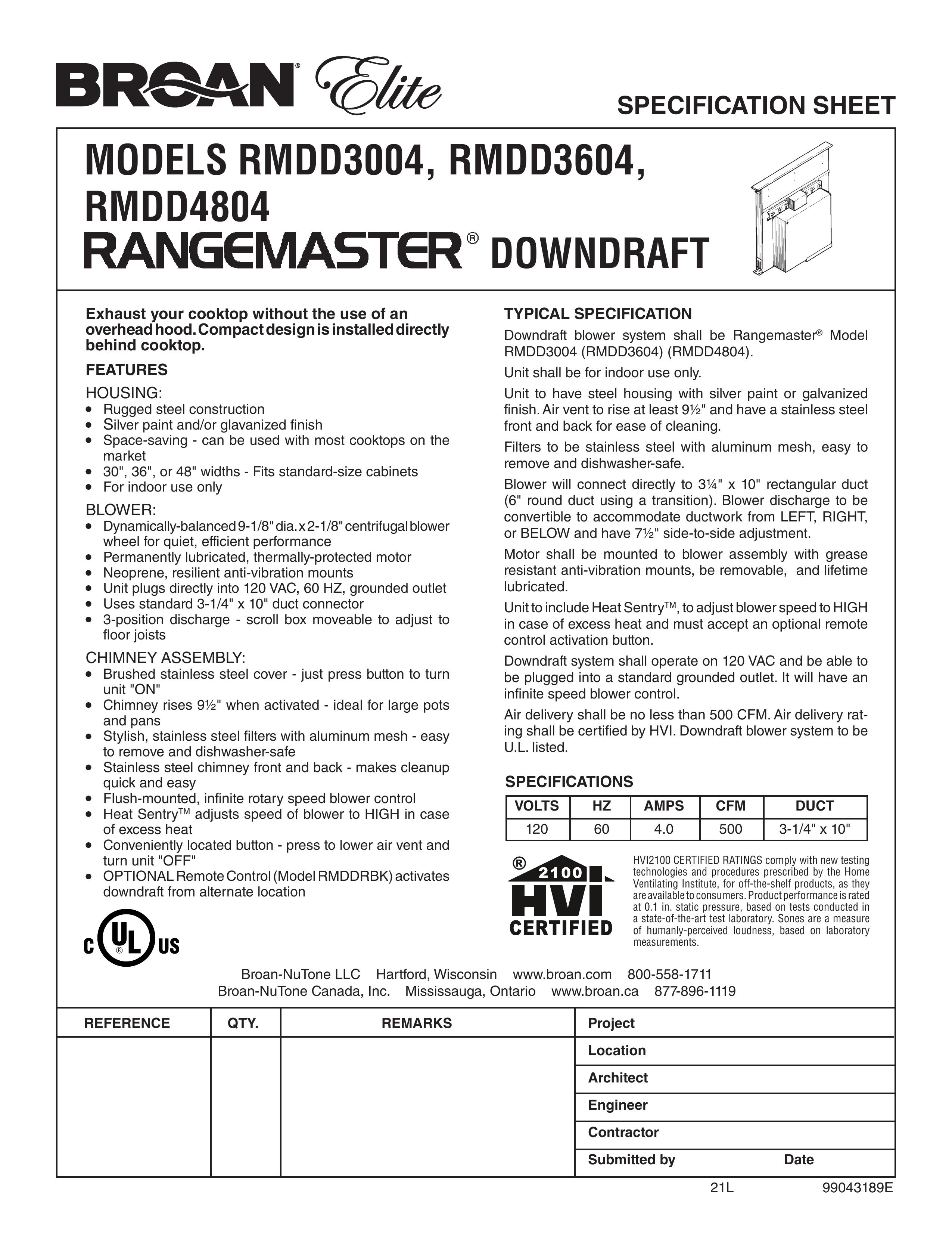 Broan RMDD3004 Blower User Manual