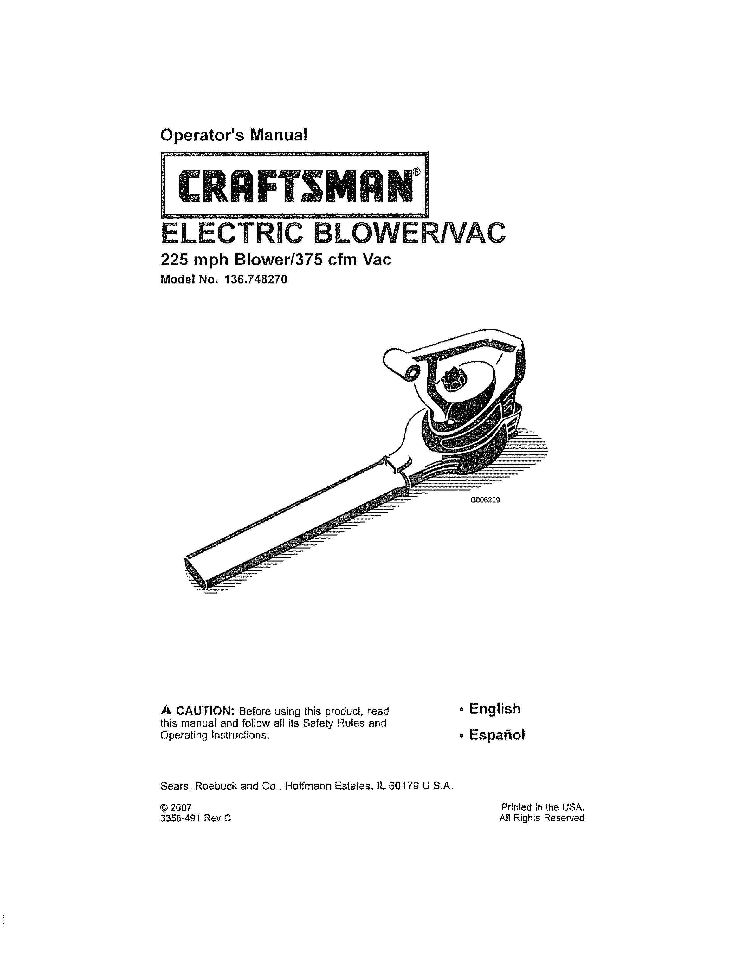 Craftsman 136.748270 Blower User Manual