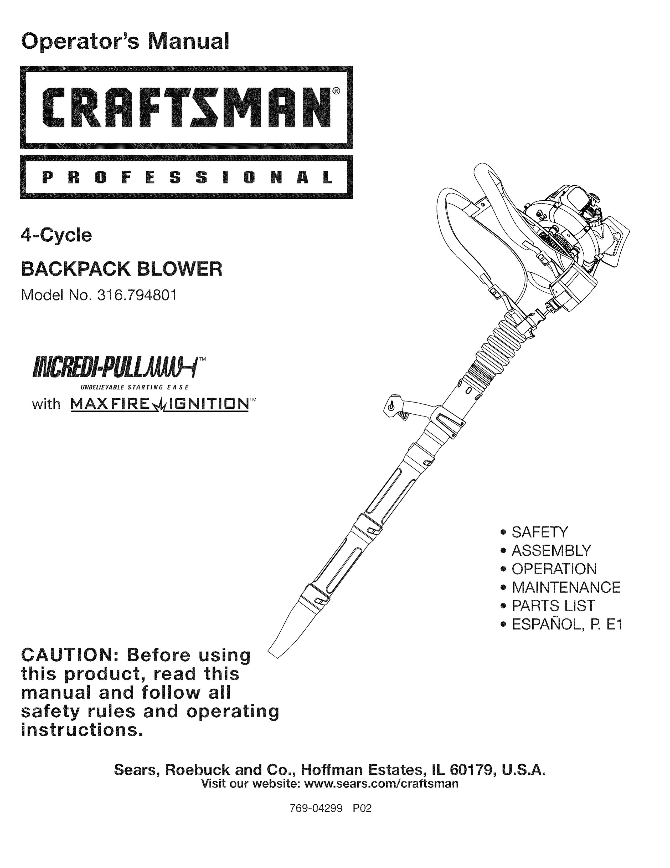 Craftsman 316.794801 Blower User Manual