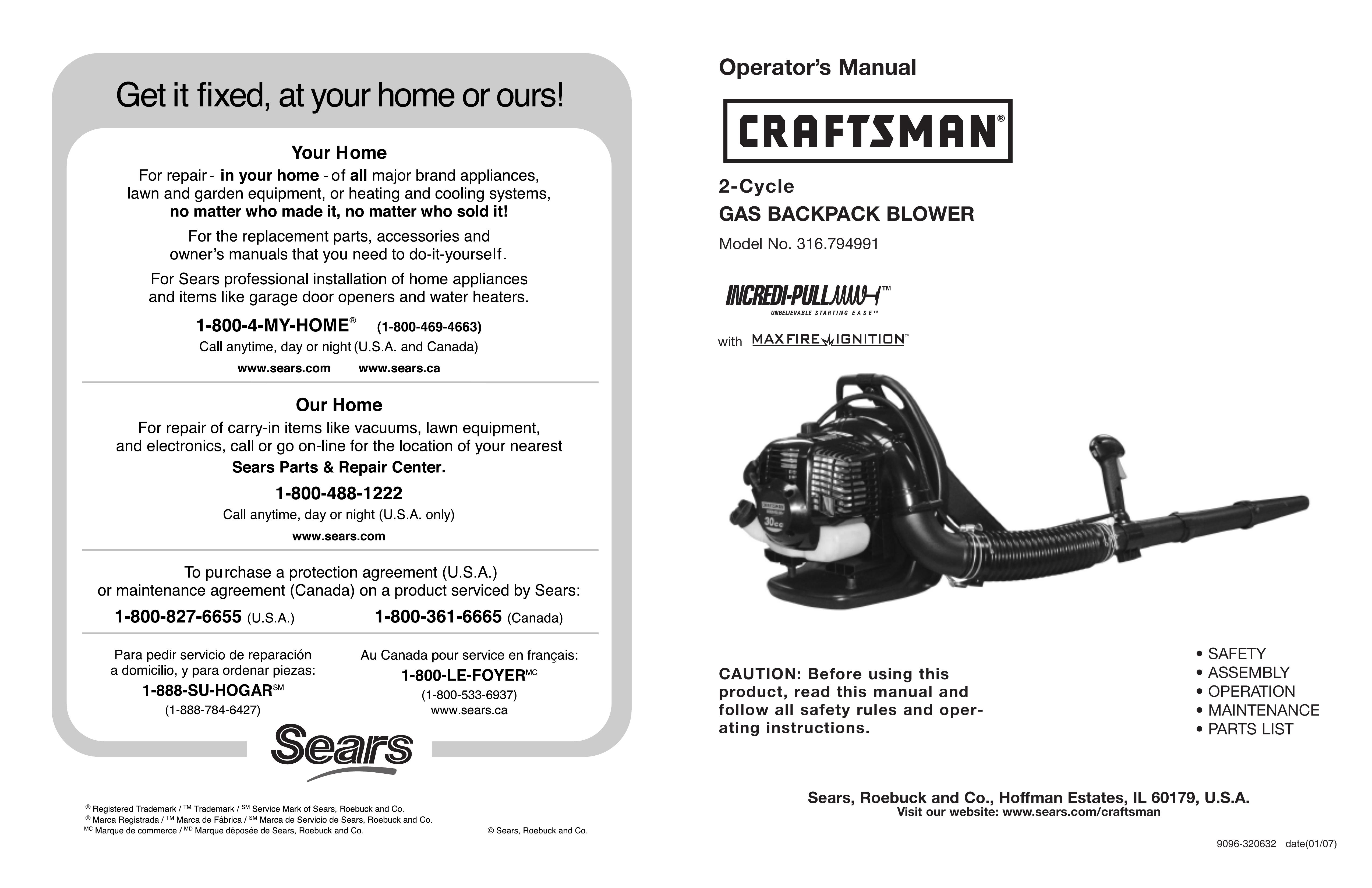Craftsman 316.794991 Blower User Manual