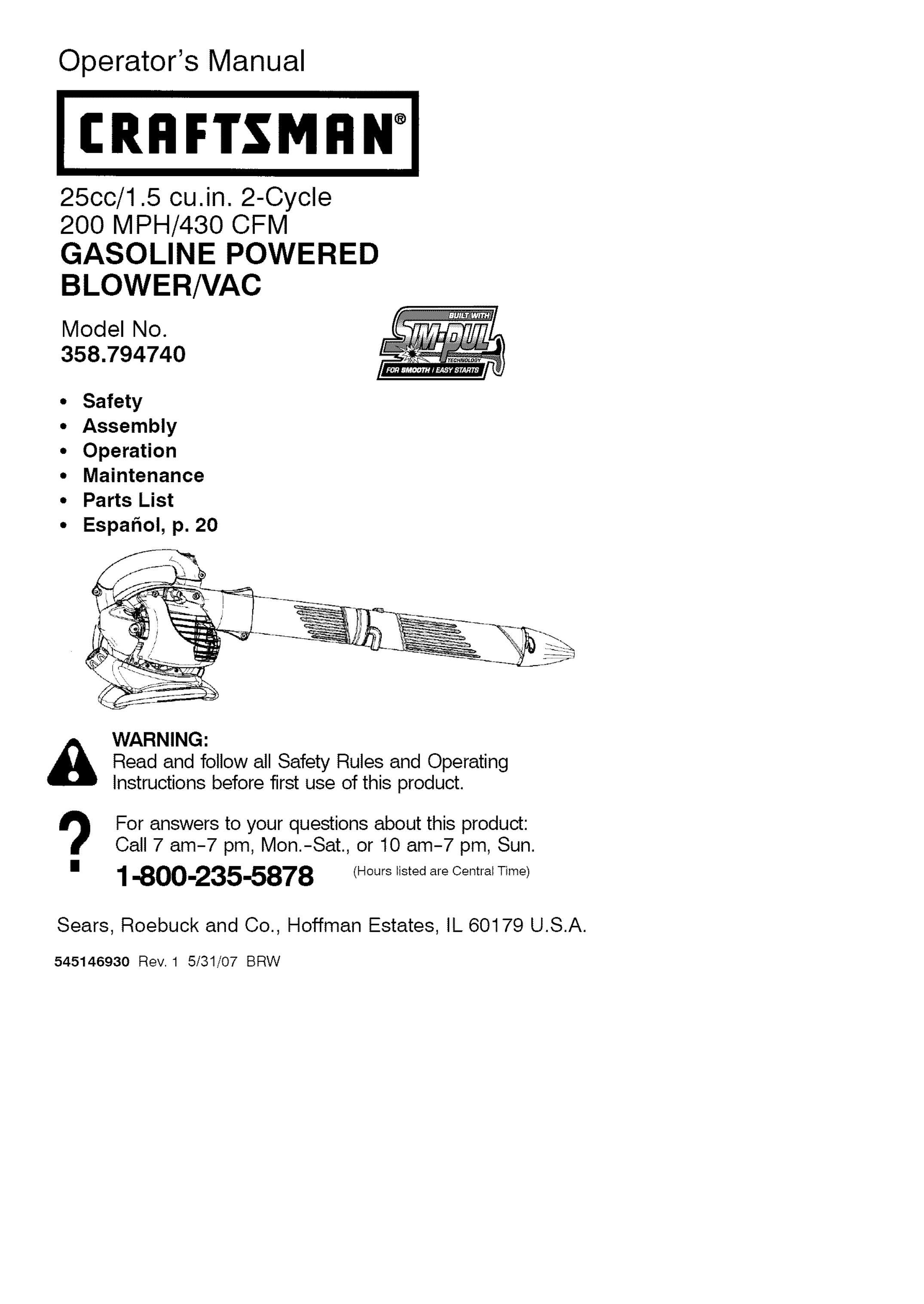 Craftsman 358.79474 Blower User Manual