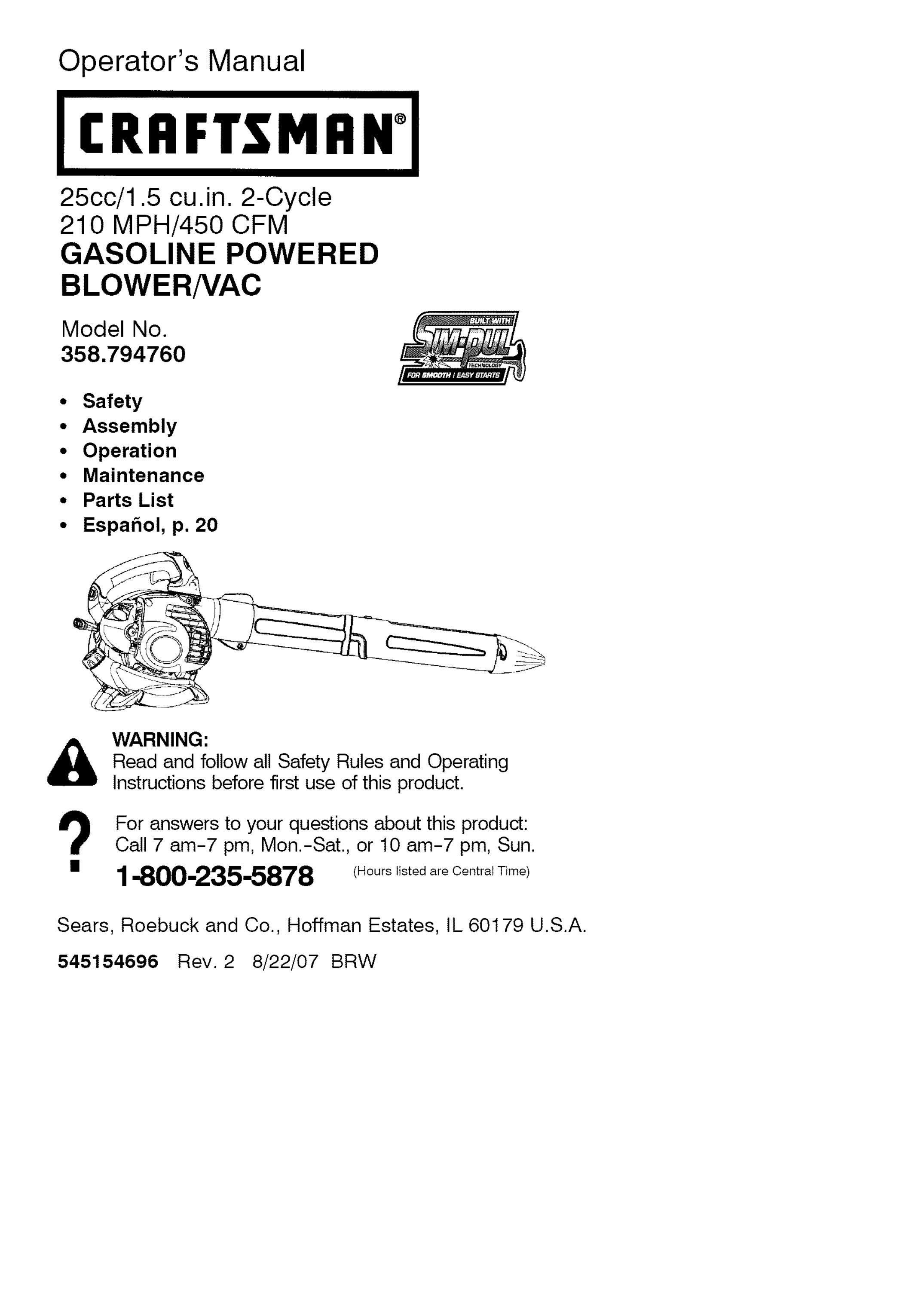 Craftsman 358.794760 Blower User Manual