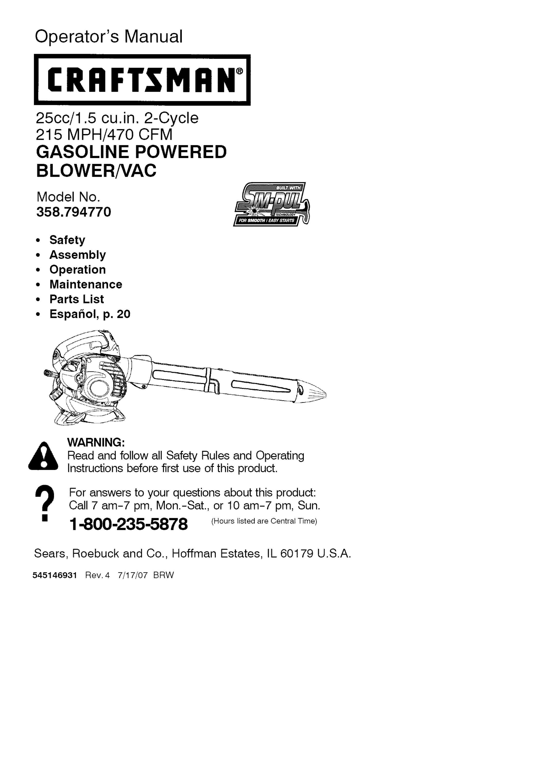 Craftsman 358.79477 Blower User Manual