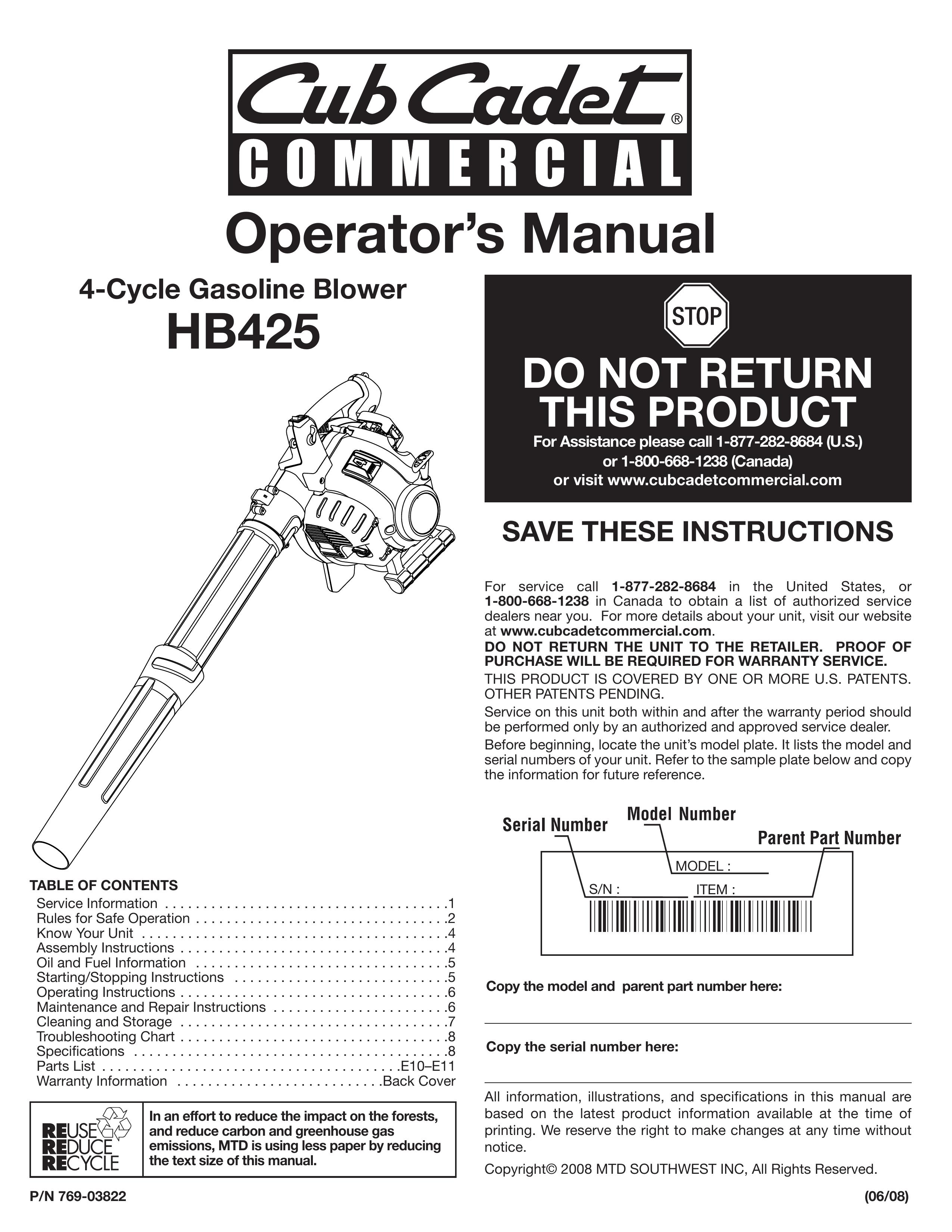 Cub Cadet HB425 Blower User Manual